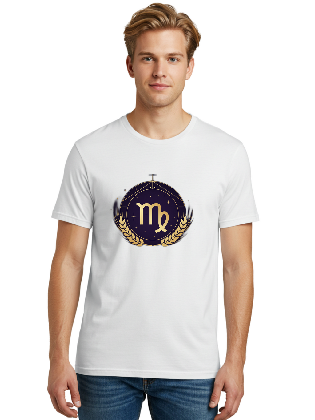 Virgo-Zodiac-Symbol Men'S Graphic Tee, 100% Cotton, Comfortable Casual Summer Wear, Machine Washable, Virgo Zodiac Sign, Astrology Symbol, Gold Laurel Wreath, Celestial Theme, Mystical Design, Horoscope Icon, Starry Night Sky Bae325