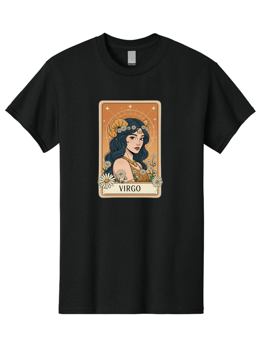 Virgo Men'S Graphic Tee, 100% Cotton, Comfortable Casual Summer Wear, Machine Washable, Virgo Zodiac Sign, Astrology Symbol, Beautiful Woman, Daisies, Celestial Theme, Mystical Aura, Gold Accents, Starry Night Sky, Feminine Mystique, Bae326