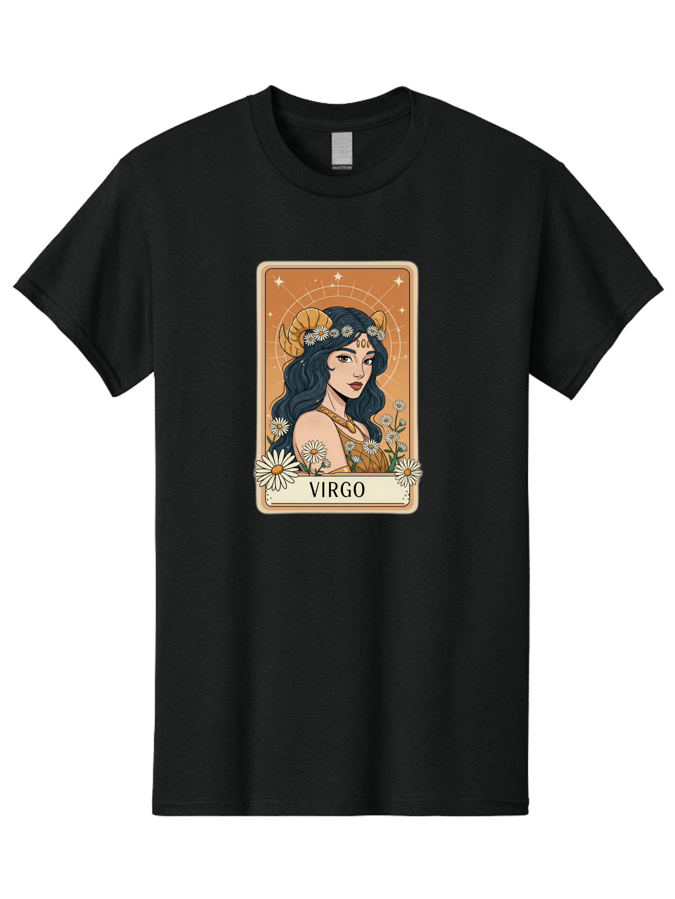 Virgo Men'S Graphic Tee, 100% Cotton, Comfortable Casual Summer Wear, Machine Washable, Virgo Zodiac Sign, Astrology Symbol, Beautiful Woman, Daisies, Celestial Theme, Mystical Aura, Gold Accents, Starry Night Sky, Feminine Mystique, Bae326