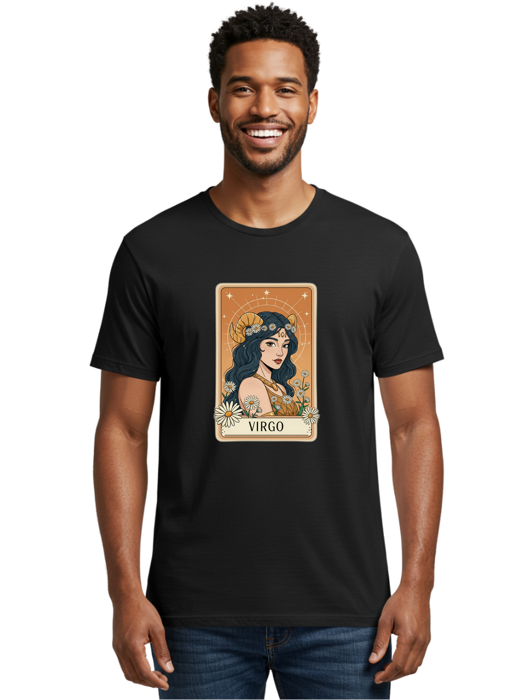 Virgo Men'S Graphic Tee, 100% Cotton, Comfortable Casual Summer Wear, Machine Washable, Virgo Zodiac Sign, Astrology Symbol, Beautiful Woman, Daisies, Celestial Theme, Mystical Aura, Gold Accents, Starry Night Sky, Feminine Mystique, Bae326