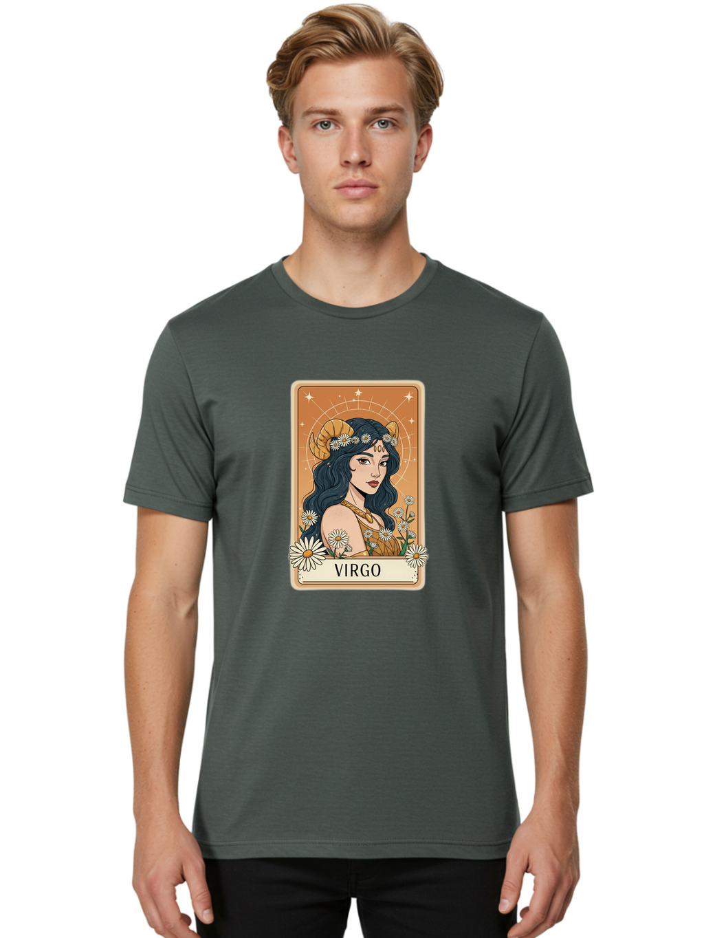 Virgo Men'S Graphic Tee, 100% Cotton, Comfortable Casual Summer Wear, Machine Washable, Virgo Zodiac Sign, Astrology Symbol, Beautiful Woman, Daisies, Celestial Theme, Mystical Aura, Gold Accents, Starry Night Sky, Feminine Mystique, Bae326