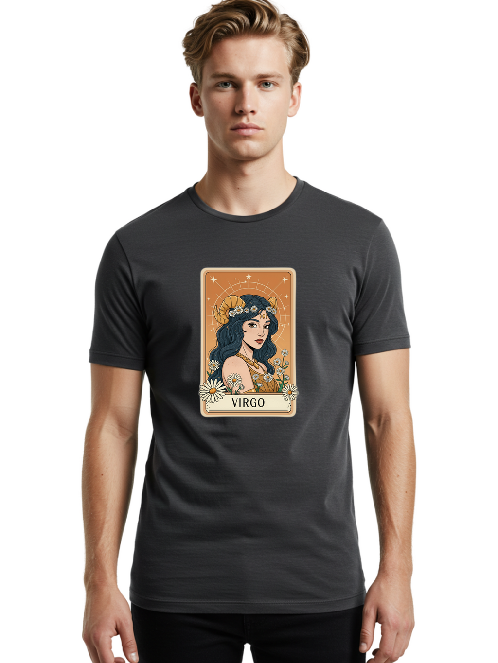 Virgo Men'S Graphic Tee, 100% Cotton, Comfortable Casual Summer Wear, Machine Washable, Virgo Zodiac Sign, Astrology Symbol, Beautiful Woman, Daisies, Celestial Theme, Mystical Aura, Gold Accents, Starry Night Sky, Feminine Mystique, Bae326