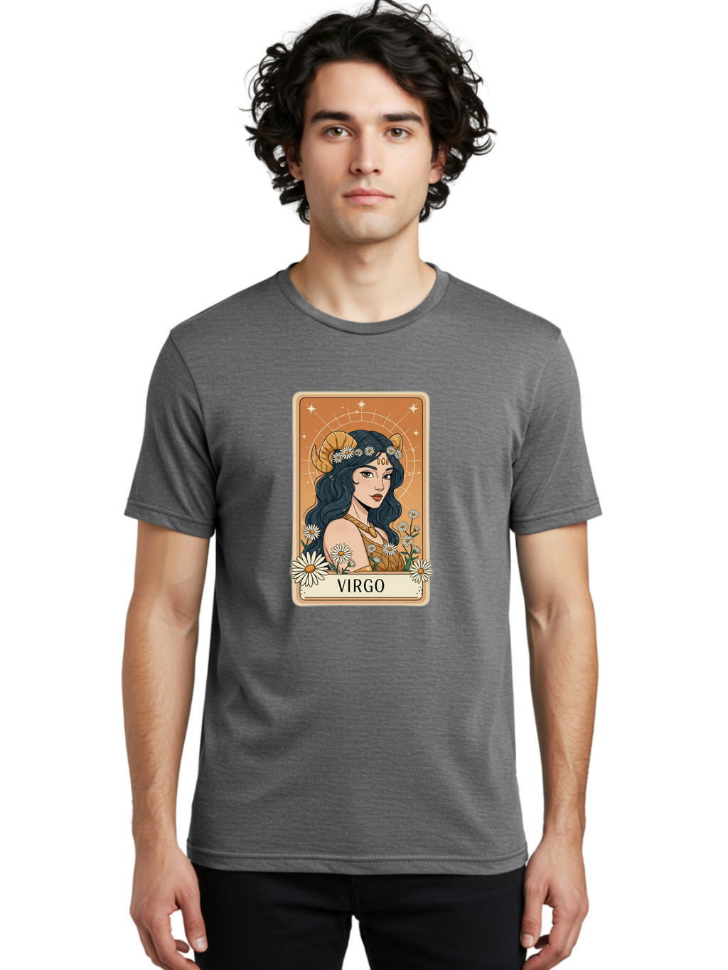 Virgo Men'S Graphic Tee, 100% Cotton, Comfortable Casual Summer Wear, Machine Washable, Virgo Zodiac Sign, Astrology Symbol, Beautiful Woman, Daisies, Celestial Theme, Mystical Aura, Gold Accents, Starry Night Sky, Feminine Mystique, Bae326