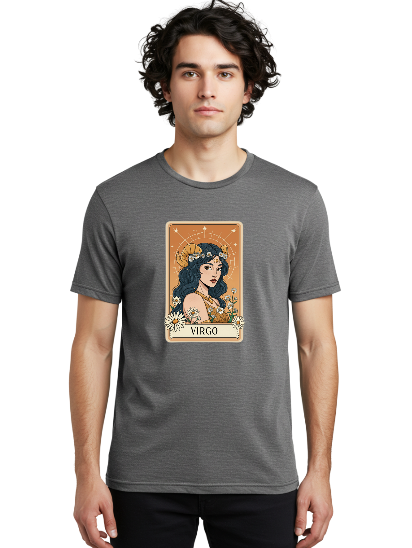 Virgo Men'S Graphic Tee, 100% Cotton, Comfortable Casual Summer Wear, Machine Washable, Virgo Zodiac Sign, Astrology Symbol, Beautiful Woman, Daisies, Celestial Theme, Mystical Aura, Gold Accents, Starry Night Sky, Feminine Mystique, Bae326