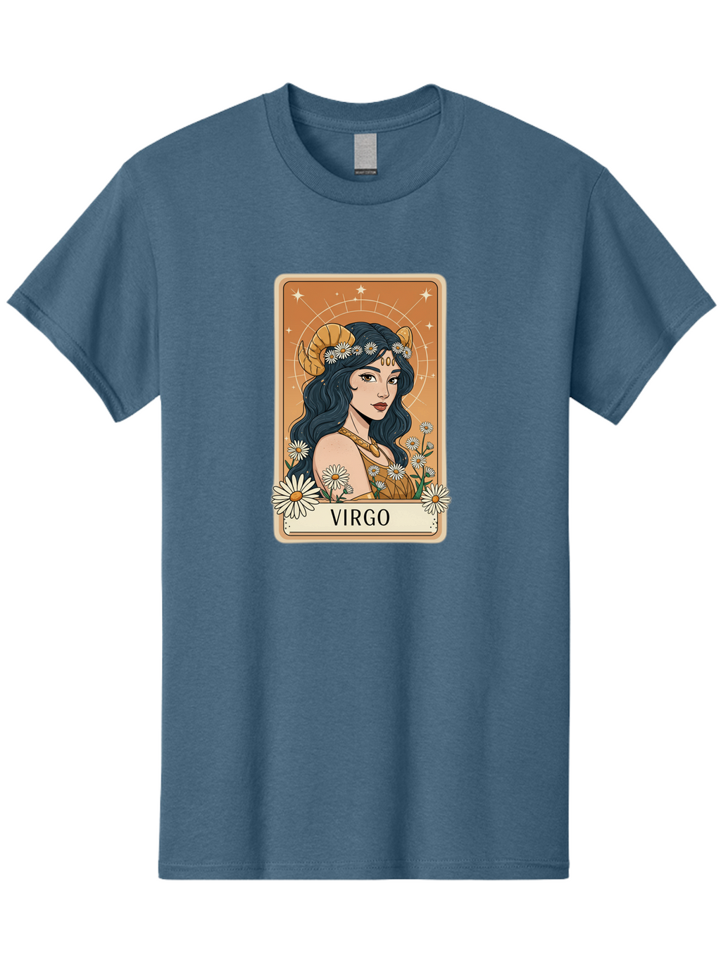 Virgo Men'S Graphic Tee, 100% Cotton, Comfortable Casual Summer Wear, Machine Washable, Virgo Zodiac Sign, Astrology Symbol, Beautiful Woman, Daisies, Celestial Theme, Mystical Aura, Gold Accents, Starry Night Sky, Feminine Mystique, Bae326