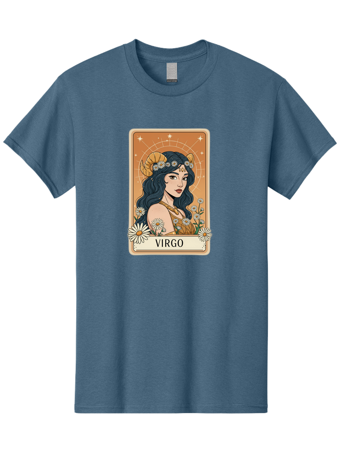 Virgo Men'S Graphic Tee, 100% Cotton, Comfortable Casual Summer Wear, Machine Washable, Virgo Zodiac Sign, Astrology Symbol, Beautiful Woman, Daisies, Celestial Theme, Mystical Aura, Gold Accents, Starry Night Sky, Feminine Mystique, Bae326