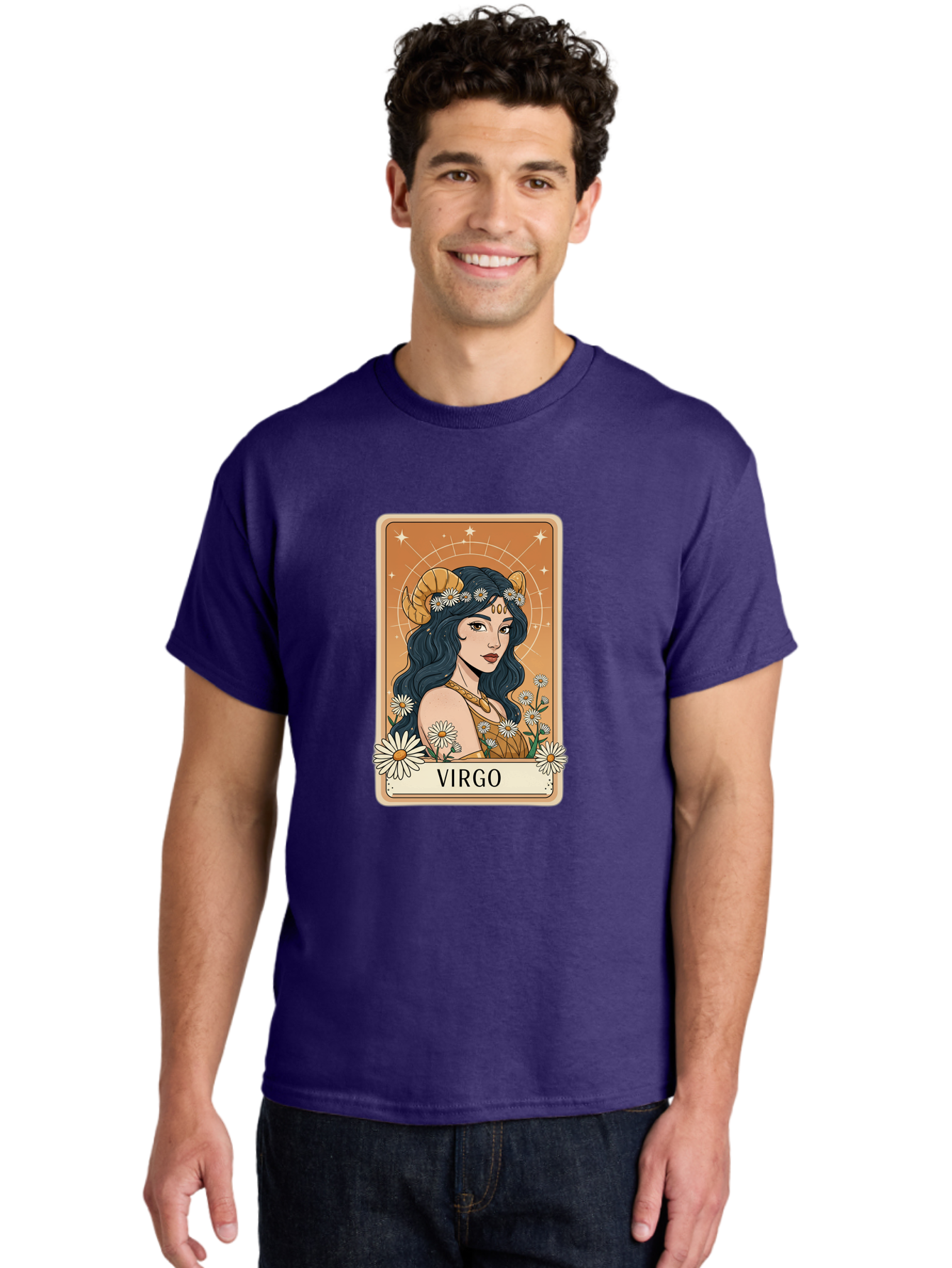 Virgo Men'S Graphic Tee, 100% Cotton, Comfortable Casual Summer Wear, Machine Washable, Virgo Zodiac Sign, Astrology Symbol, Beautiful Woman, Daisies, Celestial Theme, Mystical Aura, Gold Accents, Starry Night Sky, Feminine Mystique, Bae326