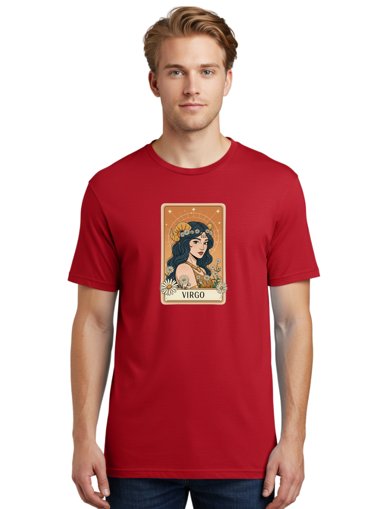 Virgo Men'S Graphic Tee, 100% Cotton, Comfortable Casual Summer Wear, Machine Washable, Virgo Zodiac Sign, Astrology Symbol, Beautiful Woman, Daisies, Celestial Theme, Mystical Aura, Gold Accents, Starry Night Sky, Feminine Mystique, Bae326