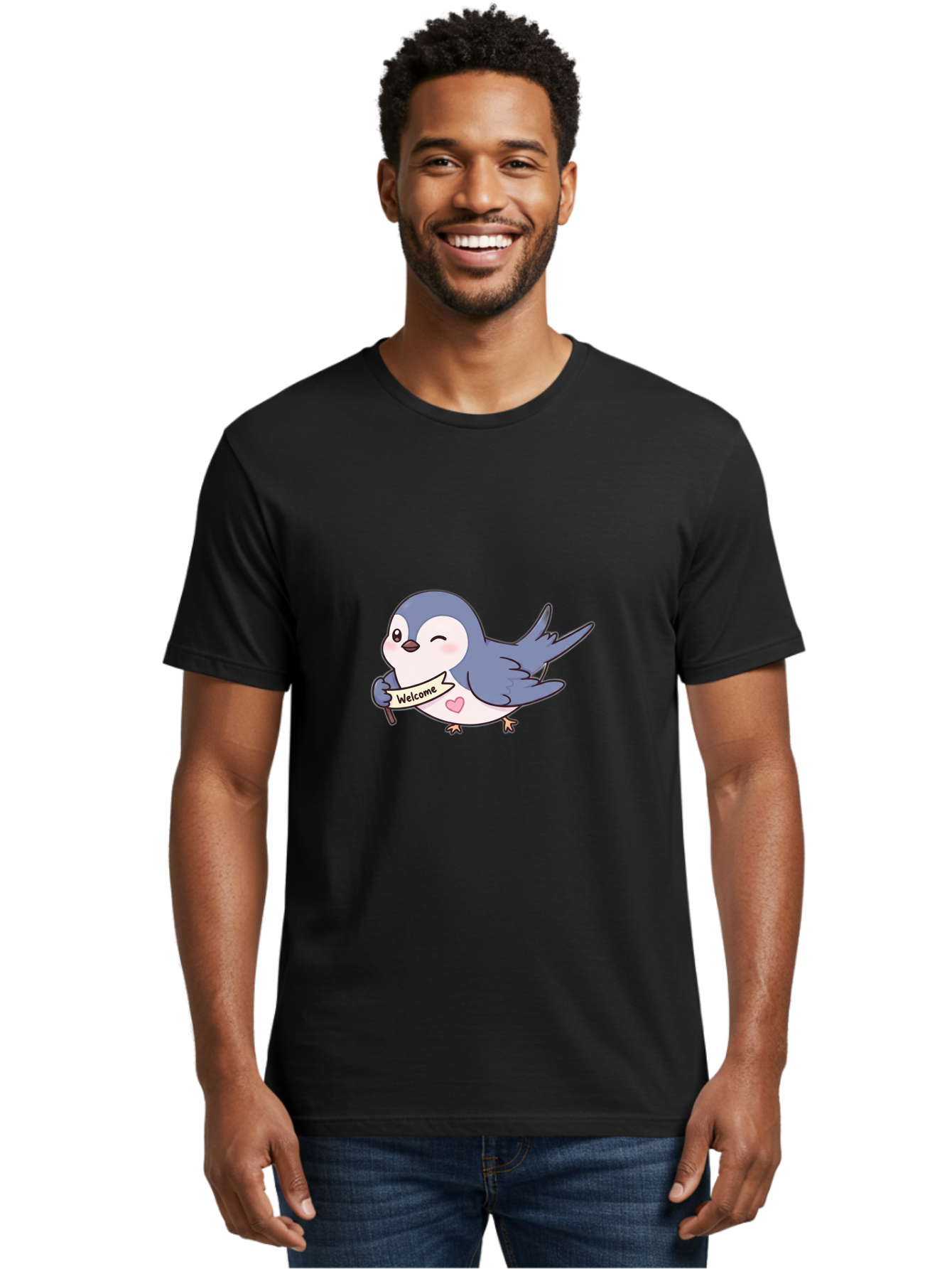 Welcome-Bird Men'S Graphic Tee, 100% Cotton, Comfortable Casual Summer Wear, Machine Washable, Bird Holding Welcome Sign, Cartoon Bird, Cute Bird, Heart On Bird, Welcome Message, Friendly Bird, Adorable Creature, Kawaii Bird Bae327