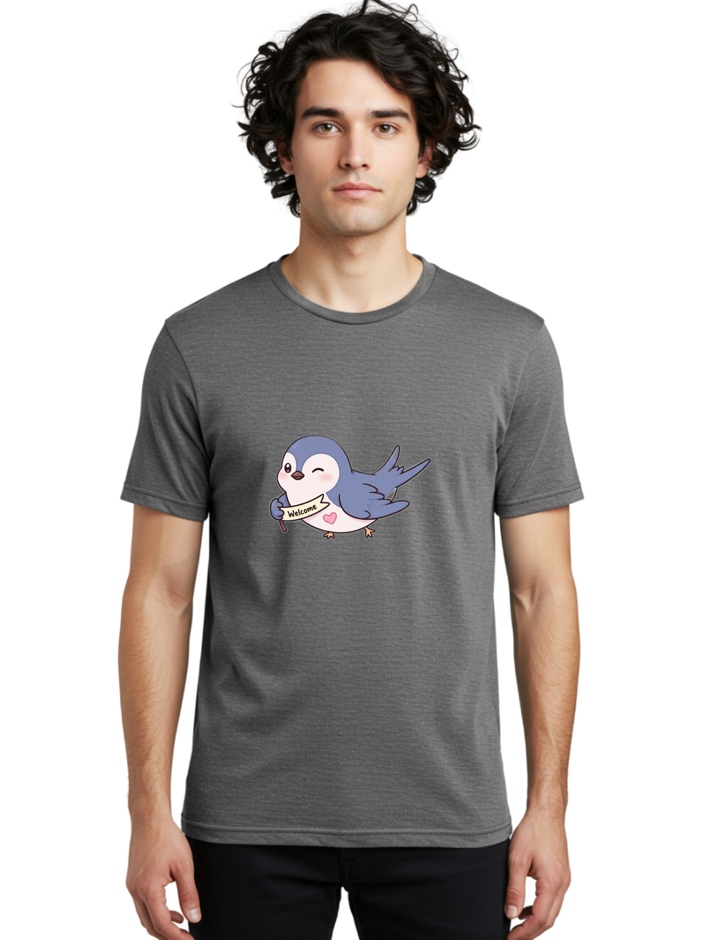 Welcome-Bird Men'S Graphic Tee, 100% Cotton, Comfortable Casual Summer Wear, Machine Washable, Bird Holding Welcome Sign, Cartoon Bird, Cute Bird, Heart On Bird, Welcome Message, Friendly Bird, Adorable Creature, Kawaii Bird Bae327