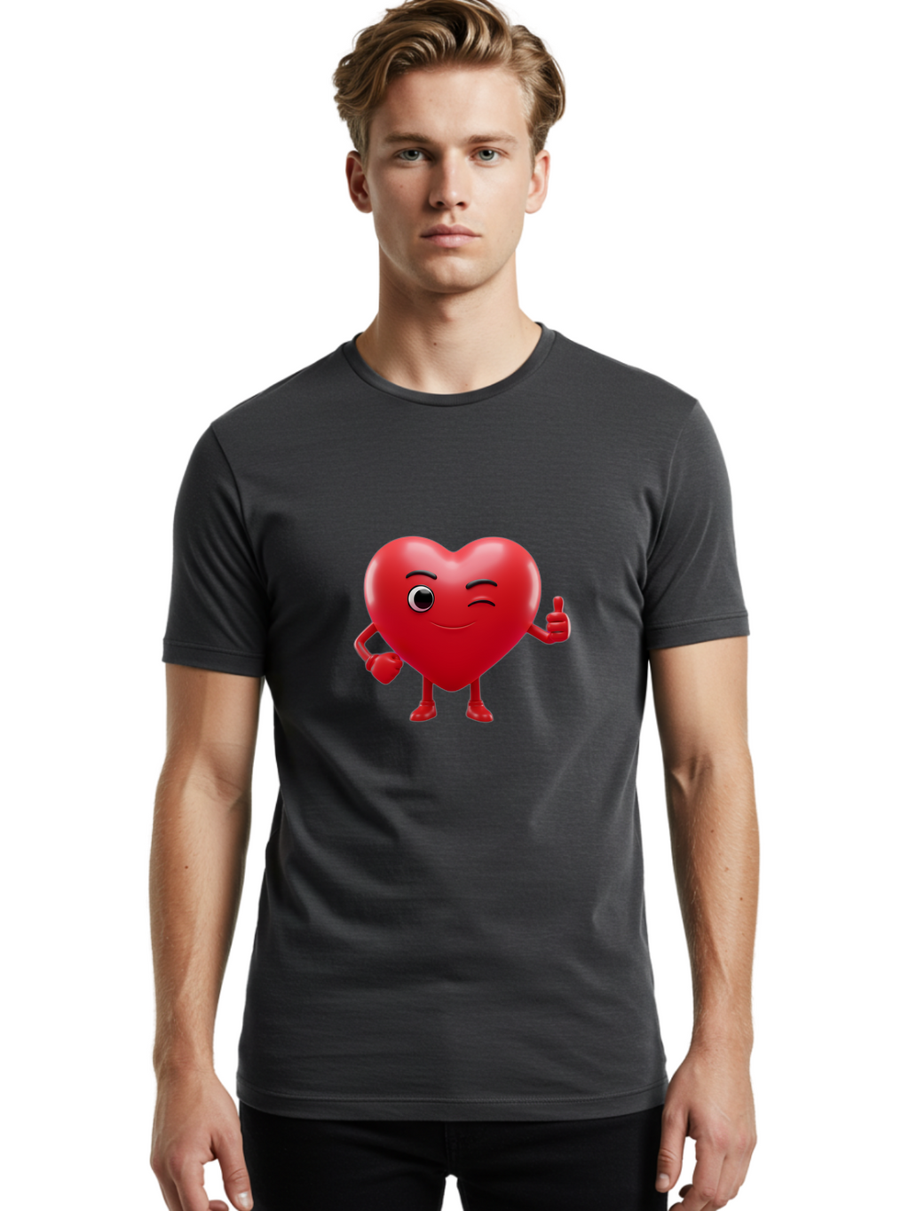 Winking-Heart Men'S Graphic Tee, 100% Cotton, Comfortable Casual Summer Wear, Machine Washable, Heart Character, Heart With Face, Love Emoji, Heart Eyes, Heart Thumbs Up, Red Heart Bae328
