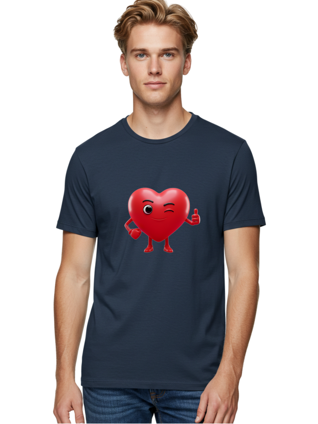 Winking-Heart Men'S Graphic Tee, 100% Cotton, Comfortable Casual Summer Wear, Machine Washable, Heart Character, Heart With Face, Love Emoji, Heart Eyes, Heart Thumbs Up, Red Heart Bae328