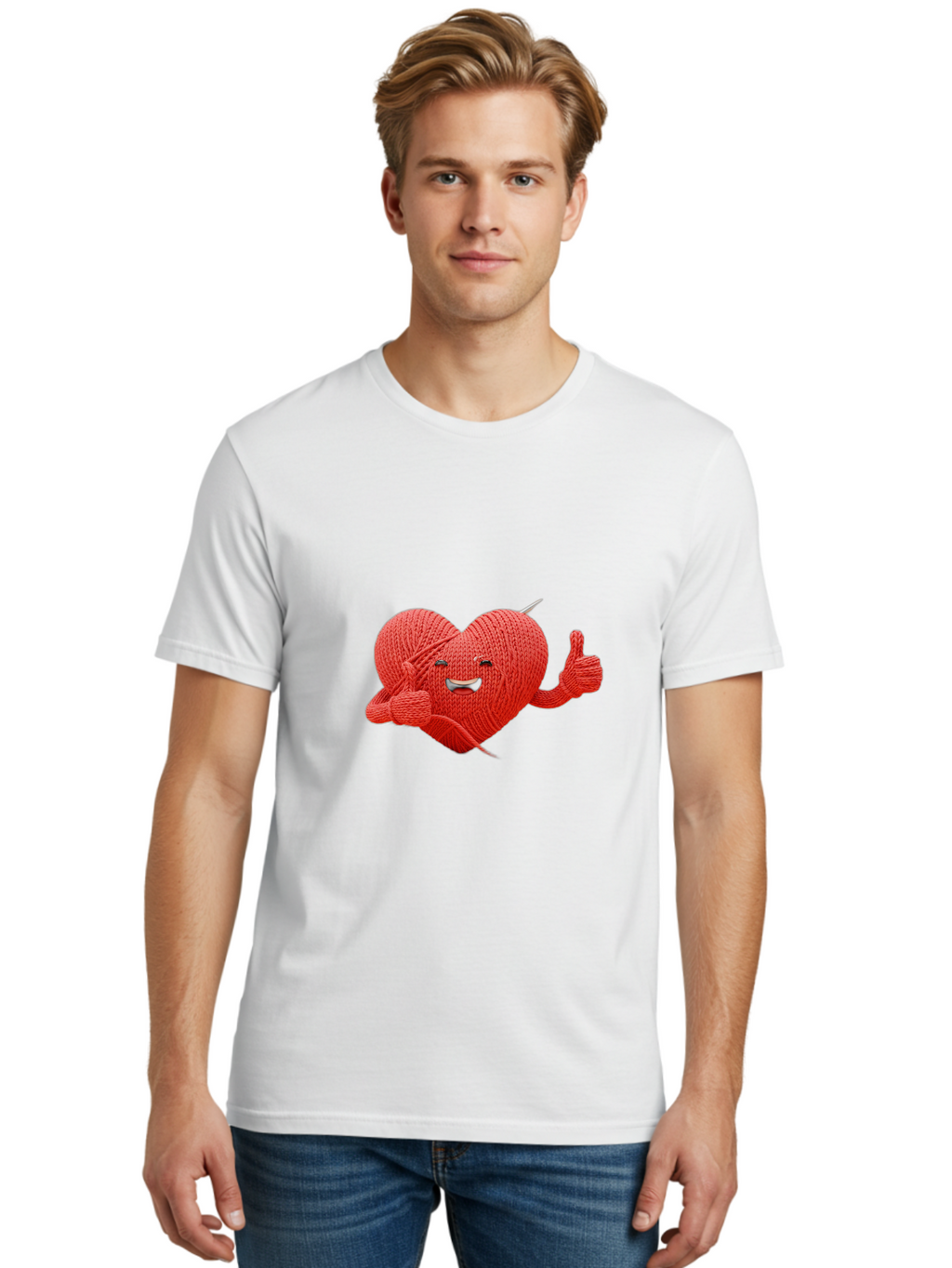 Yarn-Heart Men'S Graphic Tee, 100% Cotton, Comfortable Casual Summer Wear, Machine Washable, Knitted Heart, Cartoon Character, Knitting Yarn, Knitting Needles, Smiling Face, Thumbs Up, Happy Emotion, Creative Design, Quirky Illustration, Bae329