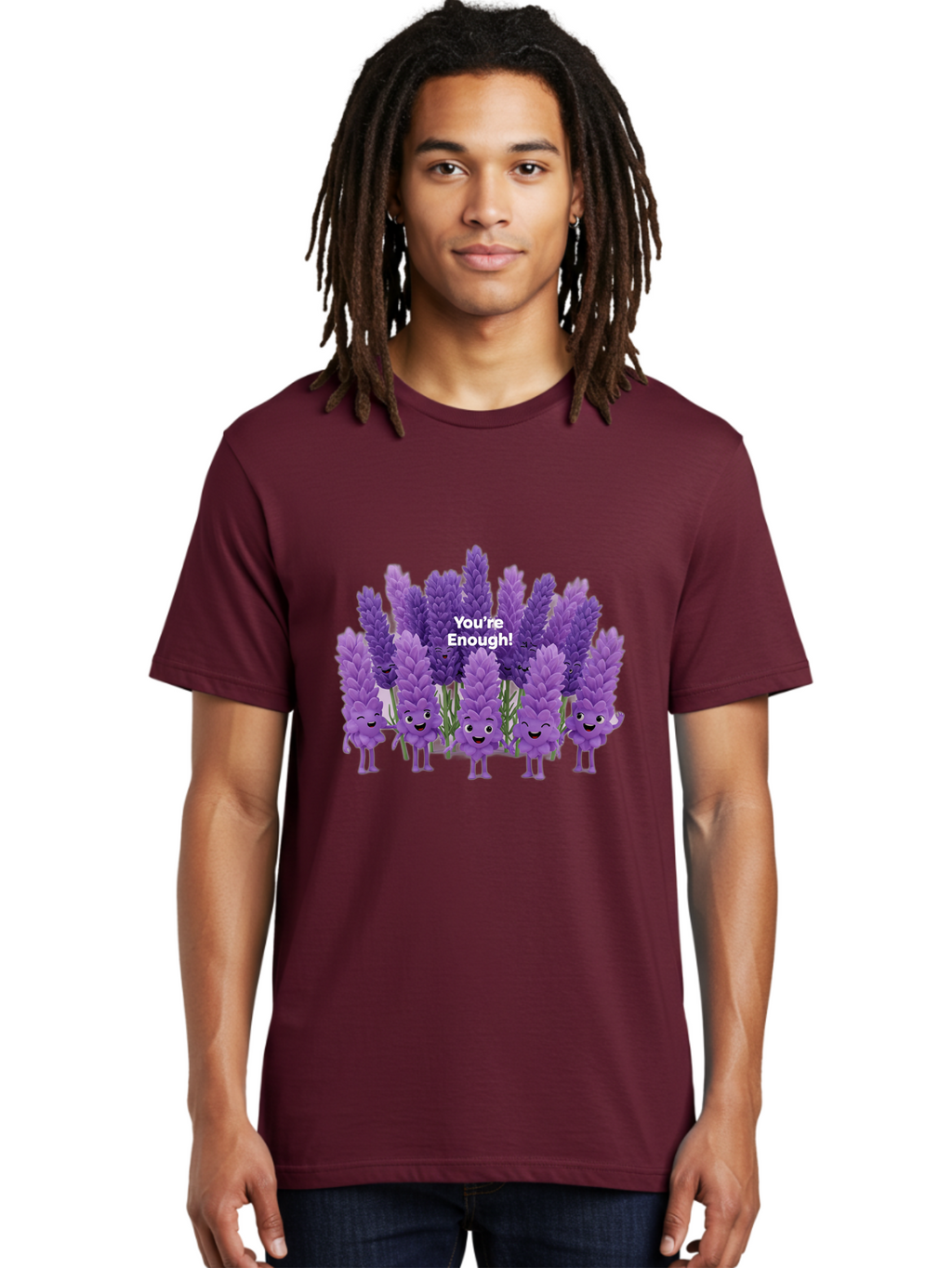 You-Re-Enough-Lavender Men'S Graphic Tee, 100% Cotton, Comfortable Casual Summer Wear, Machine Washable, Lavender Flowers, Happy Cartoon Characters, Purple Blooms, Positive Affirmation, You'Re Enough, Self Love, Mental Wellness, Happy Faces Bae331