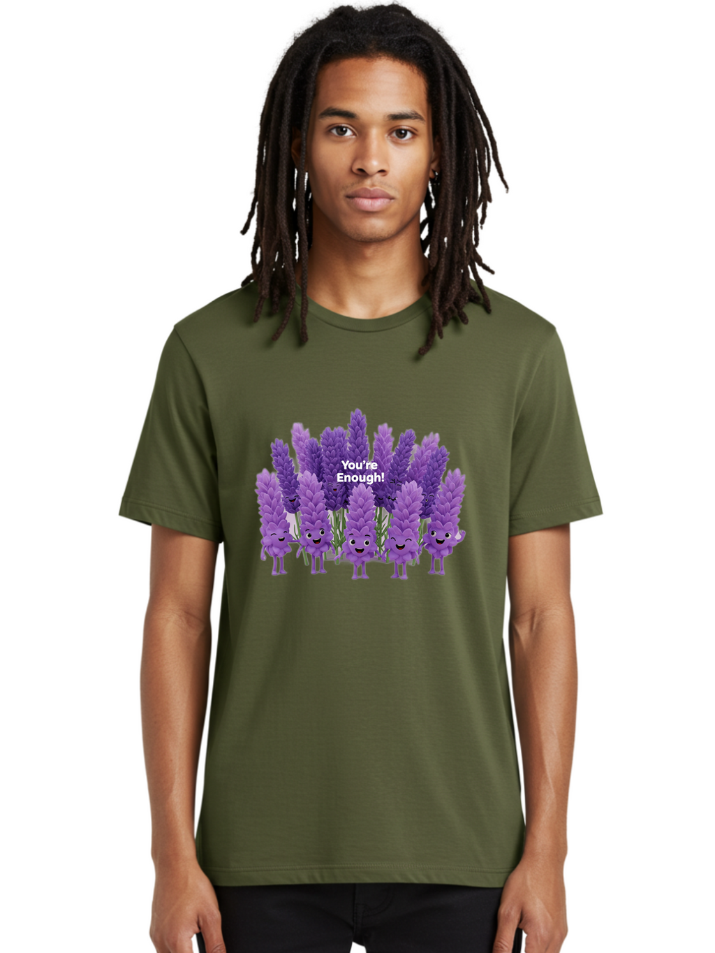 You-Re-Enough-Lavender Men'S Graphic Tee, 100% Cotton, Comfortable Casual Summer Wear, Machine Washable, Lavender Flowers, Happy Cartoon Characters, Purple Blooms, Positive Affirmation, You'Re Enough, Self Love, Mental Wellness, Happy Faces Bae331