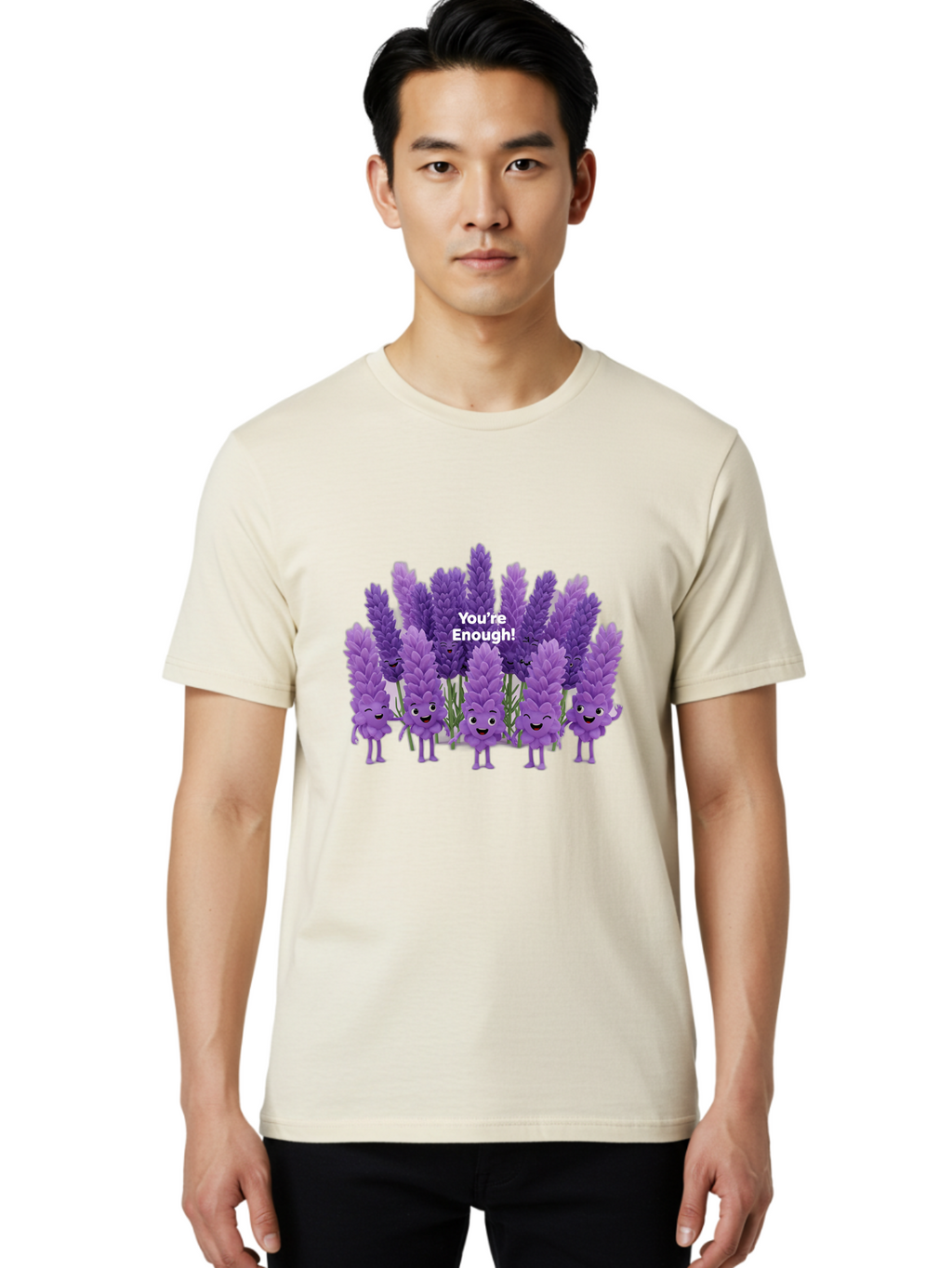 You-Re-Enough-Lavender Men'S Graphic Tee, 100% Cotton, Comfortable Casual Summer Wear, Machine Washable, Lavender Flowers, Happy Cartoon Characters, Purple Blooms, Positive Affirmation, You'Re Enough, Self Love, Mental Wellness, Happy Faces Bae331
