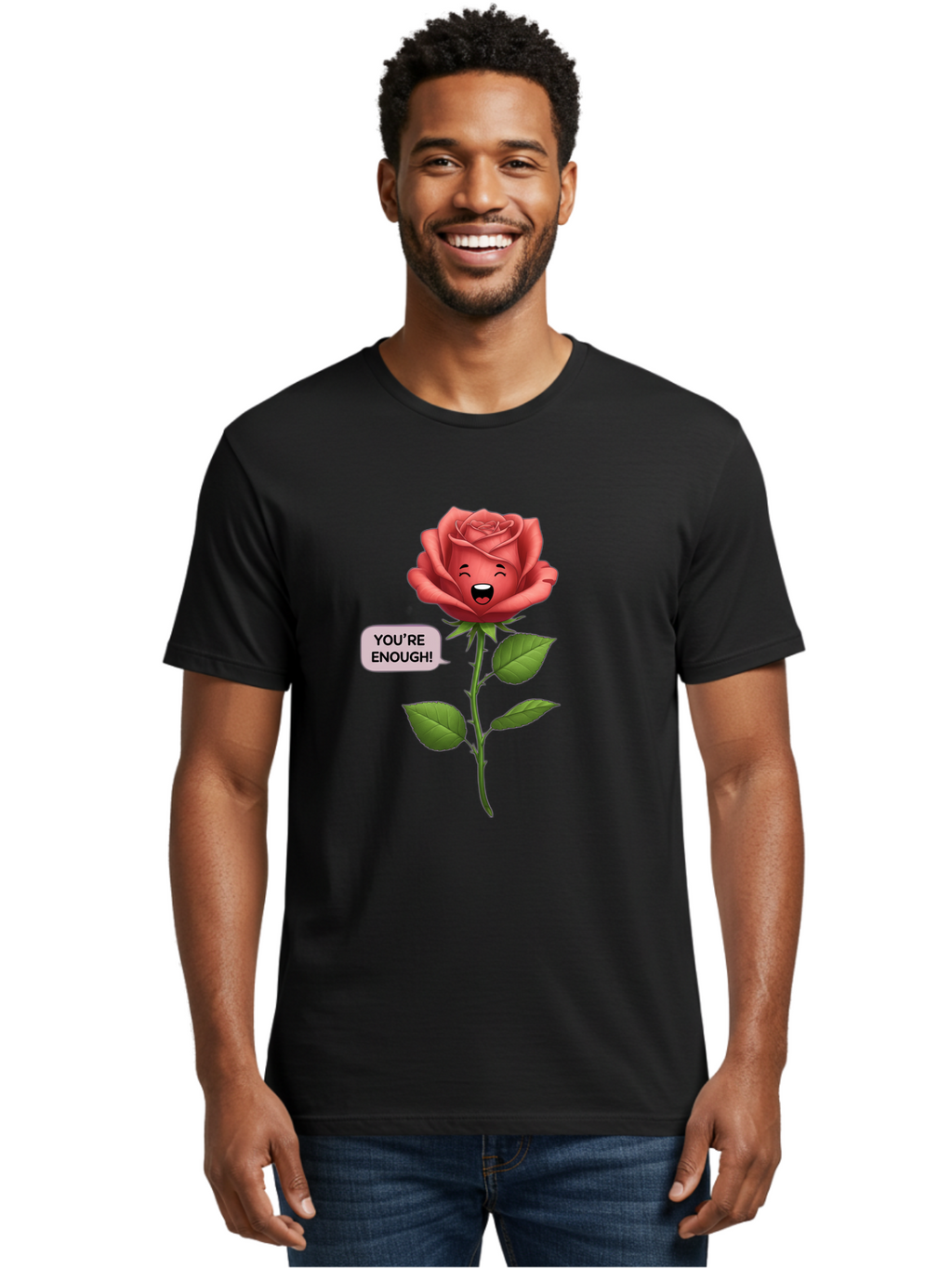 You-Re-Enough-Rose Men'S Graphic Tee, 100% Cotton, Comfortable Casual Summer Wear, Machine Washable, Rose With Face, You'Re Enough! Text, Positive Affirmation, Self-Love, Empowerment, Motivational Quote, Love Yourself, Floral Illustration, Bae332