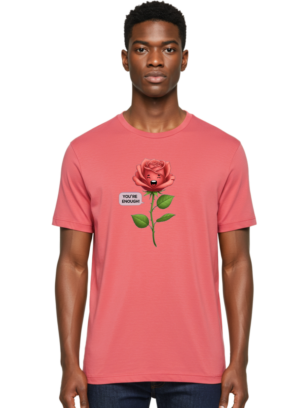 You-Re-Enough-Rose Men'S Graphic Tee, 100% Cotton, Comfortable Casual Summer Wear, Machine Washable, Rose With Face, You'Re Enough! Text, Positive Affirmation, Self-Love, Empowerment, Motivational Quote, Love Yourself, Floral Illustration, Bae332