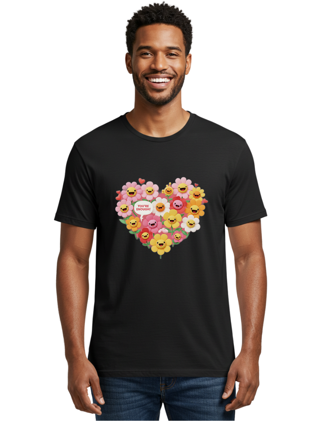 You-Re-Enough Men'S Graphic Tee, 100% Cotton, Comfortable Casual Summer Wear, Machine Washable, Heart-Shaped Arrangement Of Flowers, Smiling Emojis, Positive Affirmation, You'Re Enough, Cute Design, Floral Pattern, Uplifting Message, Bae333