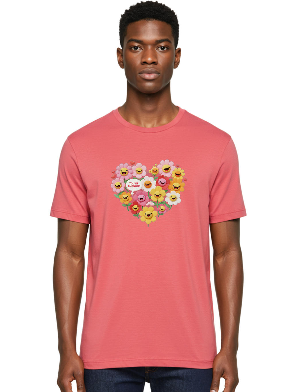 You-Re-Enough Men'S Graphic Tee, 100% Cotton, Comfortable Casual Summer Wear, Machine Washable, Heart-Shaped Arrangement Of Flowers, Smiling Emojis, Positive Affirmation, You'Re Enough, Cute Design, Floral Pattern, Uplifting Message, Bae333