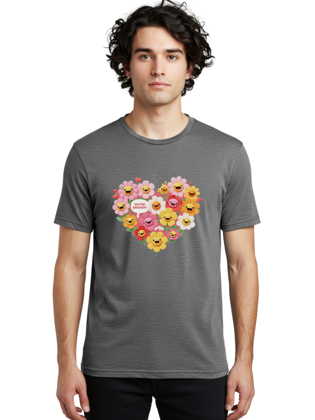 You-Re-Enough Men'S Graphic Tee, 100% Cotton, Comfortable Casual Summer Wear, Machine Washable, Heart-Shaped Arrangement Of Flowers, Smiling Emojis, Positive Affirmation, You'Re Enough, Cute Design, Floral Pattern, Uplifting Message, Bae333
