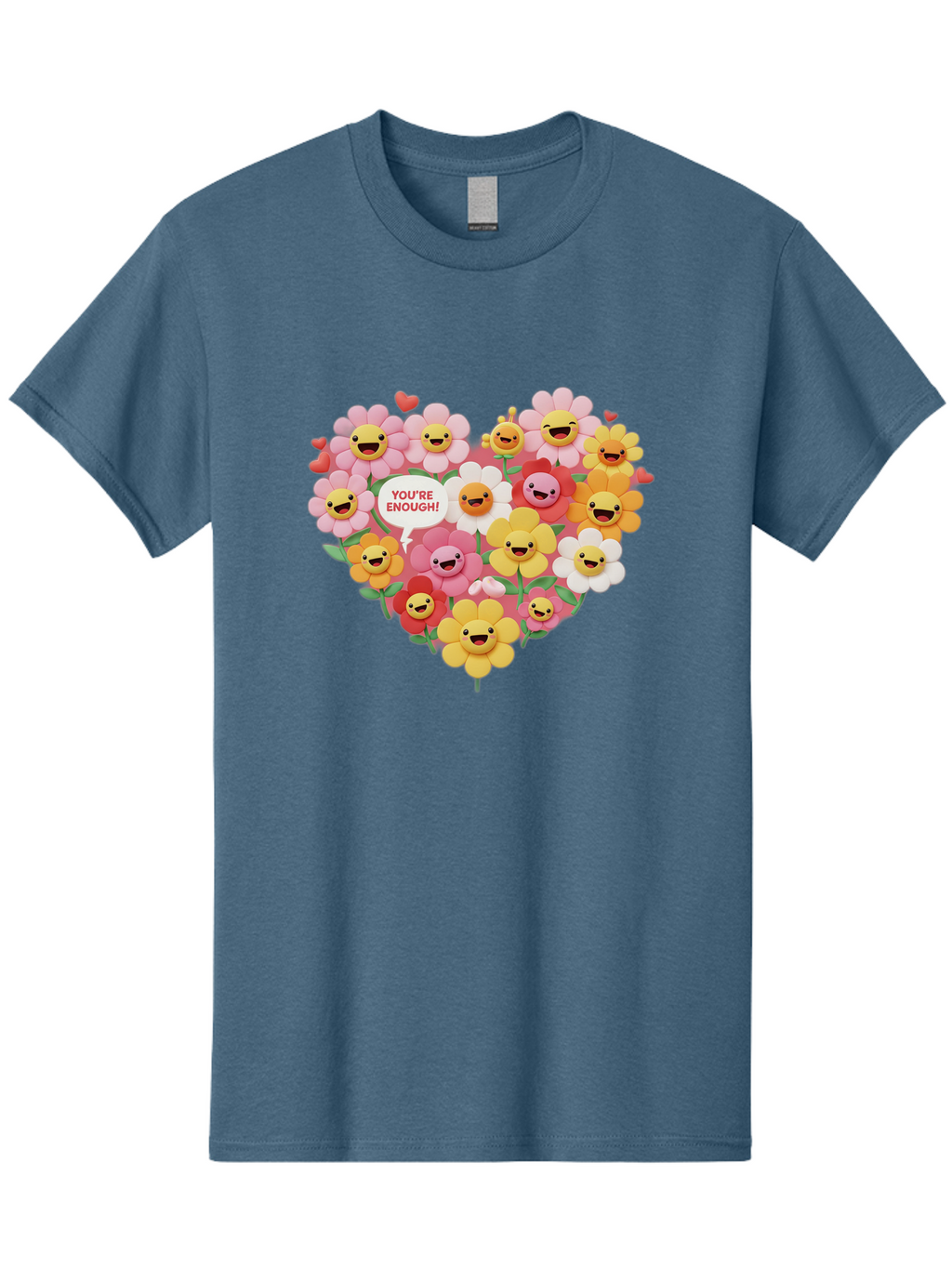 You-Re-Enough Men'S Graphic Tee, 100% Cotton, Comfortable Casual Summer Wear, Machine Washable, Heart-Shaped Arrangement Of Flowers, Smiling Emojis, Positive Affirmation, You'Re Enough, Cute Design, Floral Pattern, Uplifting Message, Bae333