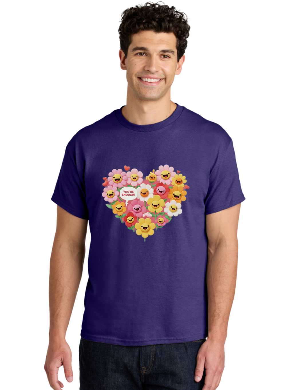 You-Re-Enough Men'S Graphic Tee, 100% Cotton, Comfortable Casual Summer Wear, Machine Washable, Heart-Shaped Arrangement Of Flowers, Smiling Emojis, Positive Affirmation, You'Re Enough, Cute Design, Floral Pattern, Uplifting Message, Bae333