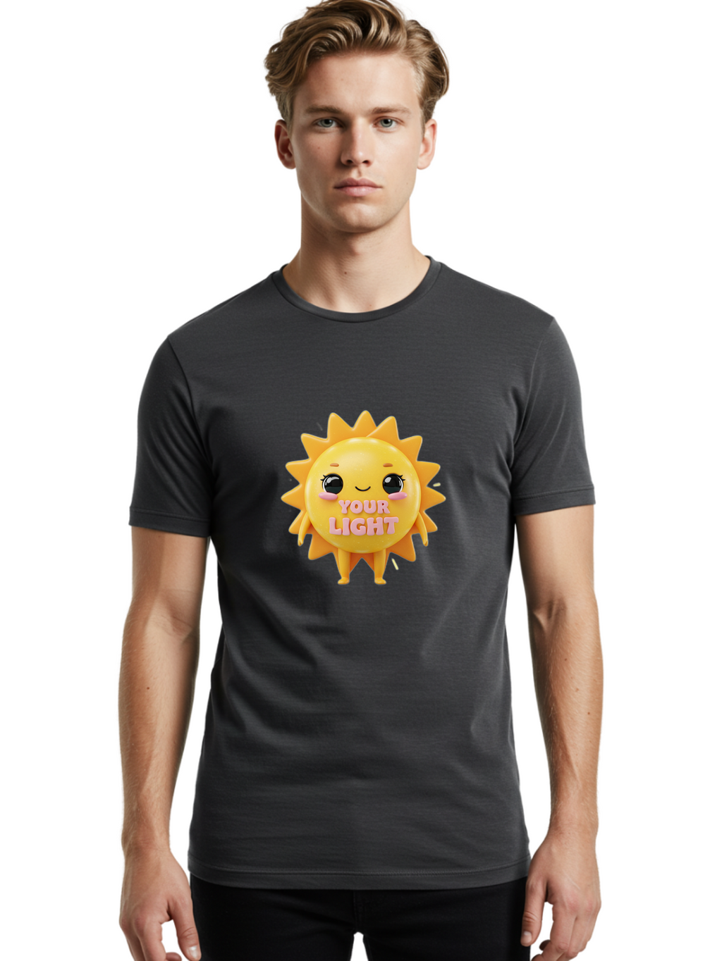 Your-Light Men'S Graphic Tee, 100% Cotton, Comfortable Casual Summer Wear, Machine Washable, Smiling Sun Character, Cute Cartoon Sun, Positive Vibes, Inspirational Quote, Sunshine Illustration, Happy Face, Yellow Sun, Inner Light Bae335