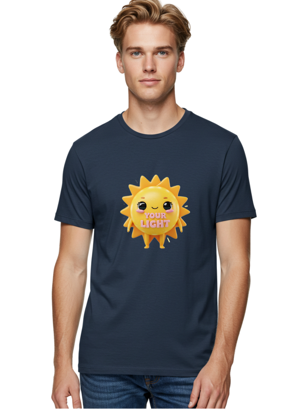 Your-Light Men'S Graphic Tee, 100% Cotton, Comfortable Casual Summer Wear, Machine Washable, Smiling Sun Character, Cute Cartoon Sun, Positive Vibes, Inspirational Quote, Sunshine Illustration, Happy Face, Yellow Sun, Inner Light Bae335