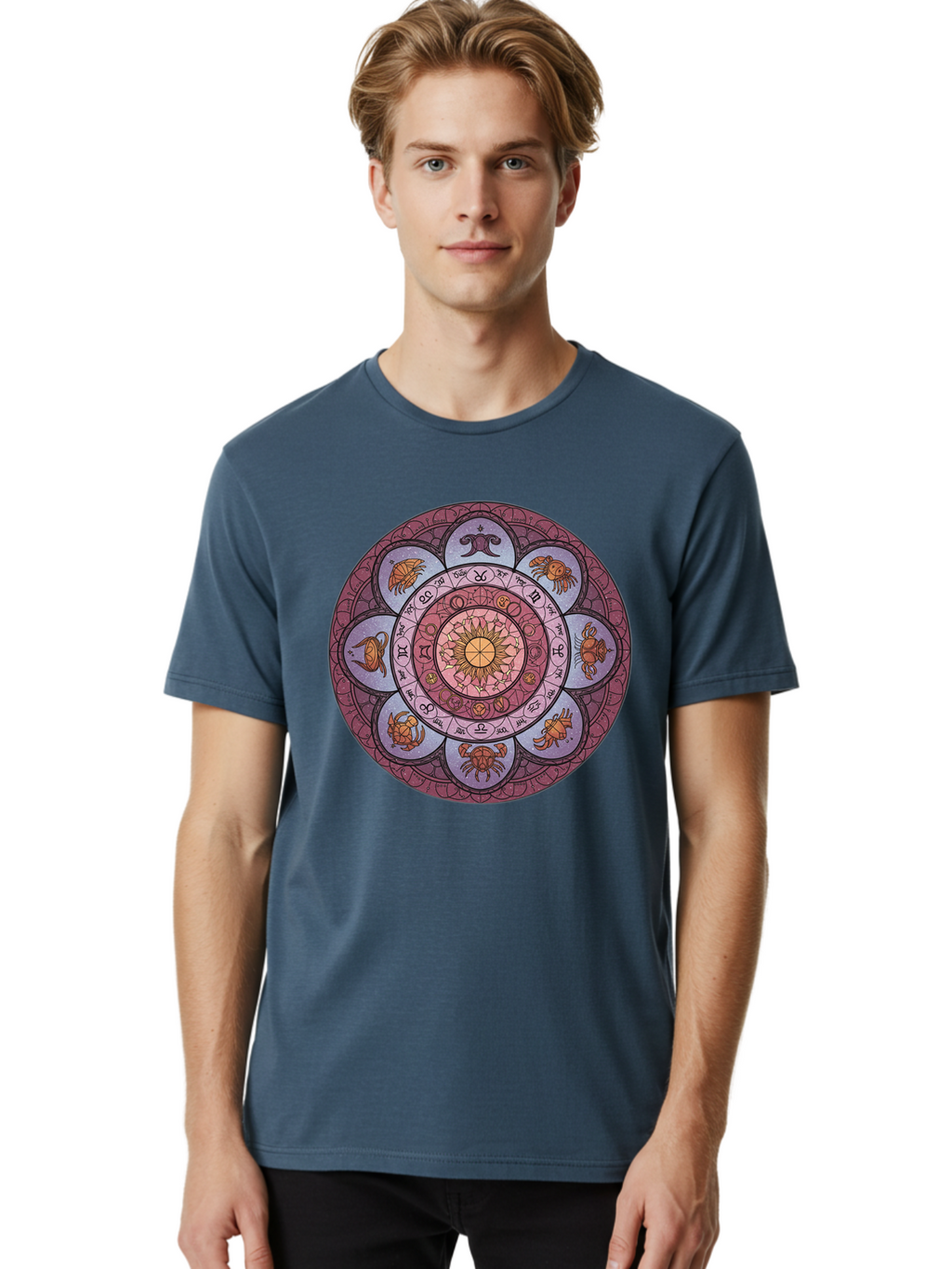 Zodiac-Circle-1 Men'S Graphic Tee, 100% Cotton, Comfortable Casual Summer Wear, Machine Washable, Zodiac Signs, Astrology Symbols, Celestial Wheel, Mandala Design, Spiritual Pattern, Mystical Art, Horoscope Chart, Esoteric Symbolism, Bae336