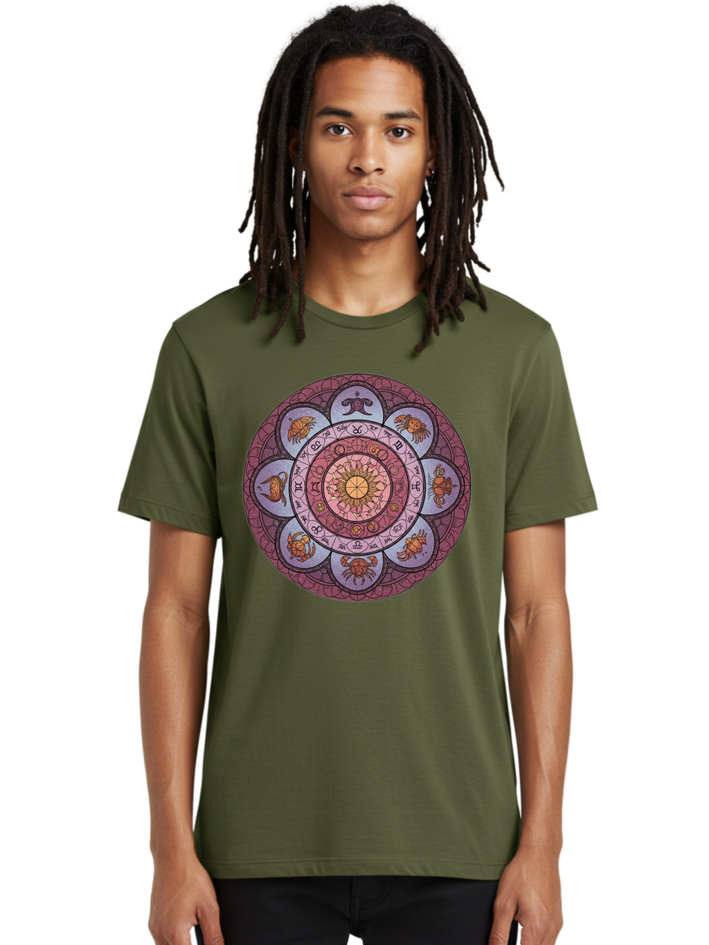 Zodiac-Circle-1 Men'S Graphic Tee, 100% Cotton, Comfortable Casual Summer Wear, Machine Washable, Zodiac Signs, Astrology Symbols, Celestial Wheel, Mandala Design, Spiritual Pattern, Mystical Art, Horoscope Chart, Esoteric Symbolism, Bae336