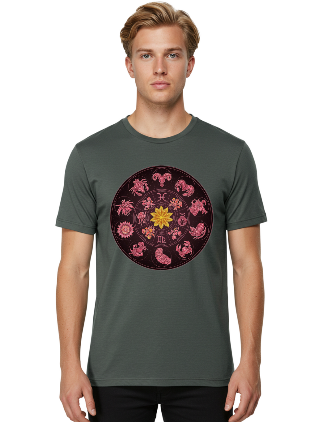 Zodiac-Circle Men'S Graphic Tee, 100% Cotton, Comfortable Casual Summer Wear, Machine Washable, Zodiac Wheel, Astrological Symbols, Floral Centerpiece, Mystical Design, Cancer, Capricorn, Virgo, Pink Illustrations, Yellow Flower, Esoteric Art, Bae337