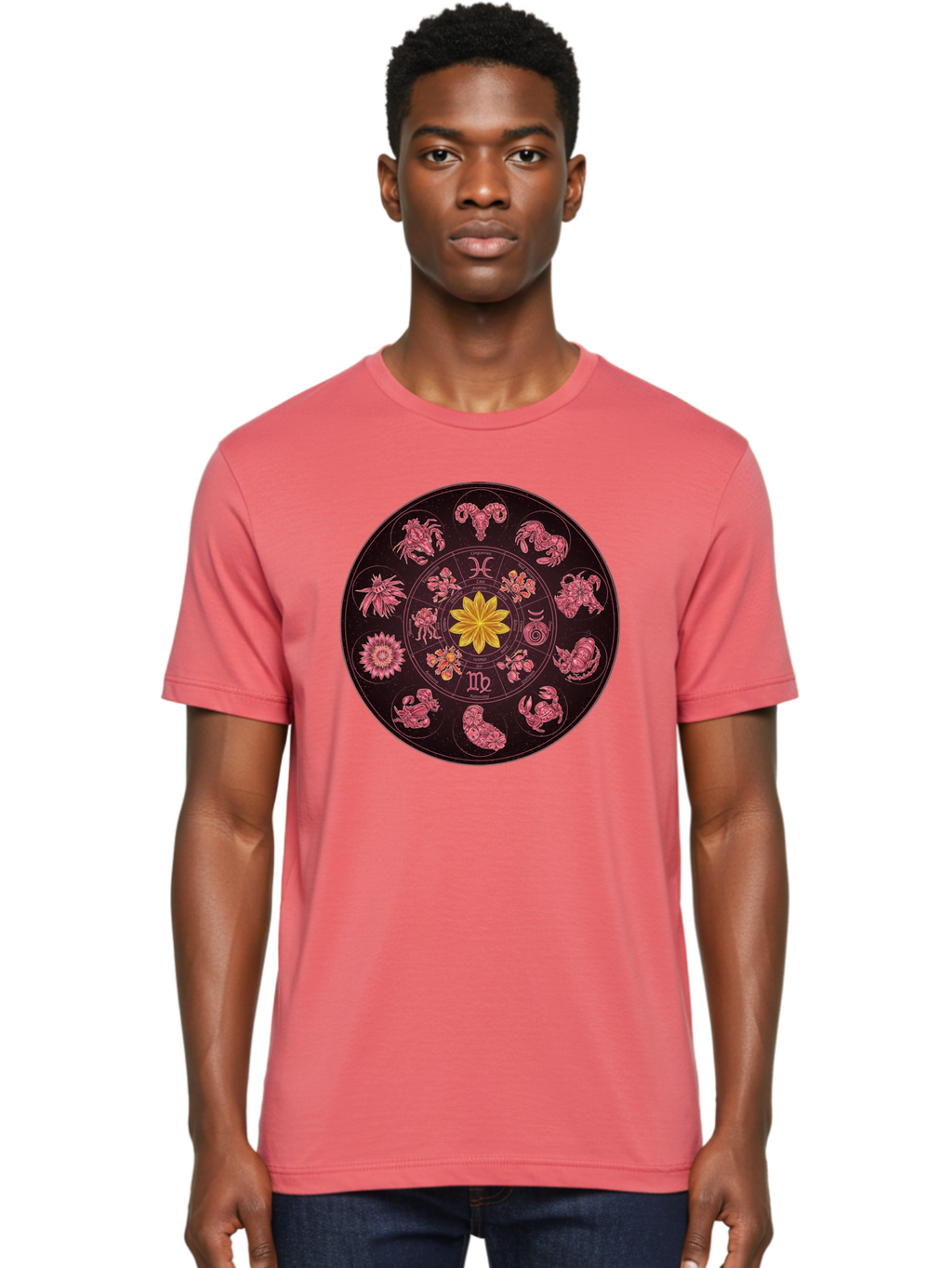 Zodiac-Circle Men'S Graphic Tee, 100% Cotton, Comfortable Casual Summer Wear, Machine Washable, Zodiac Wheel, Astrological Symbols, Floral Centerpiece, Mystical Design, Cancer, Capricorn, Virgo, Pink Illustrations, Yellow Flower, Esoteric Art, Bae337