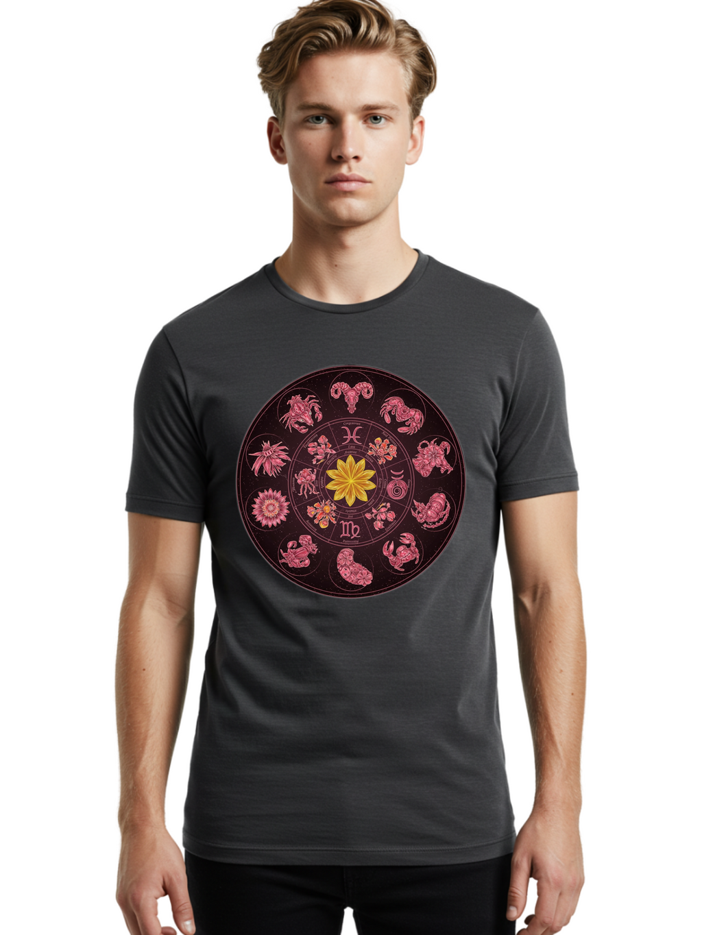 Zodiac-Circle Men'S Graphic Tee, 100% Cotton, Comfortable Casual Summer Wear, Machine Washable, Zodiac Wheel, Astrological Symbols, Floral Centerpiece, Mystical Design, Cancer, Capricorn, Virgo, Pink Illustrations, Yellow Flower, Esoteric Art, Bae337