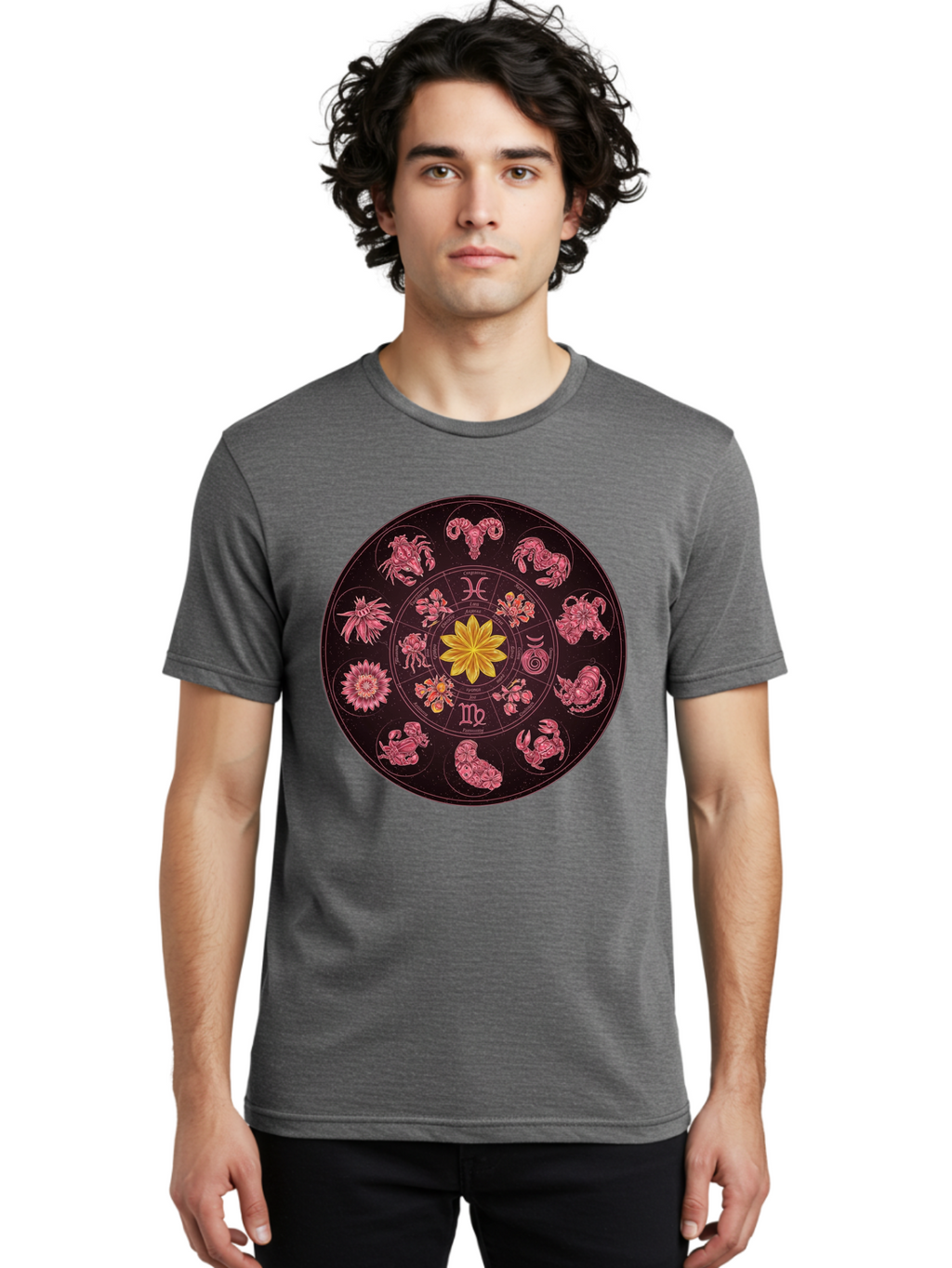 Zodiac-Circle Men'S Graphic Tee, 100% Cotton, Comfortable Casual Summer Wear, Machine Washable, Zodiac Wheel, Astrological Symbols, Floral Centerpiece, Mystical Design, Cancer, Capricorn, Virgo, Pink Illustrations, Yellow Flower, Esoteric Art, Bae337