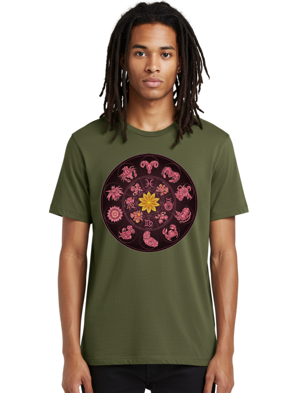 Zodiac-Circle Men'S Graphic Tee, 100% Cotton, Comfortable Casual Summer Wear, Machine Washable, Zodiac Wheel, Astrological Symbols, Floral Centerpiece, Mystical Design, Cancer, Capricorn, Virgo, Pink Illustrations, Yellow Flower, Esoteric Art, Bae337