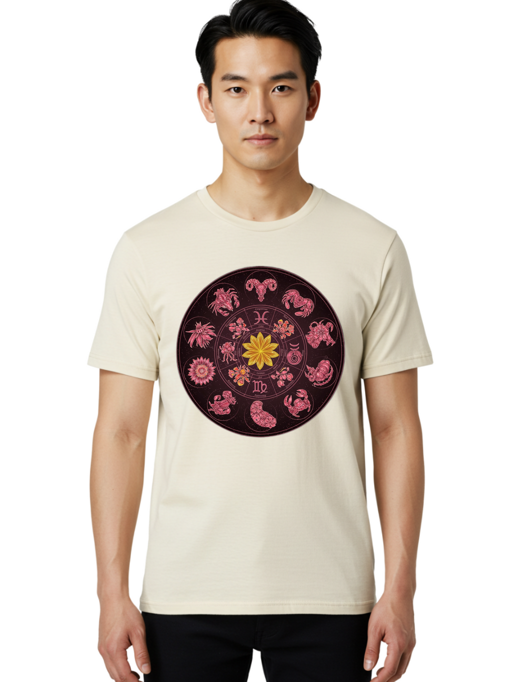 Zodiac-Circle Men'S Graphic Tee, 100% Cotton, Comfortable Casual Summer Wear, Machine Washable, Zodiac Wheel, Astrological Symbols, Floral Centerpiece, Mystical Design, Cancer, Capricorn, Virgo, Pink Illustrations, Yellow Flower, Esoteric Art, Bae337