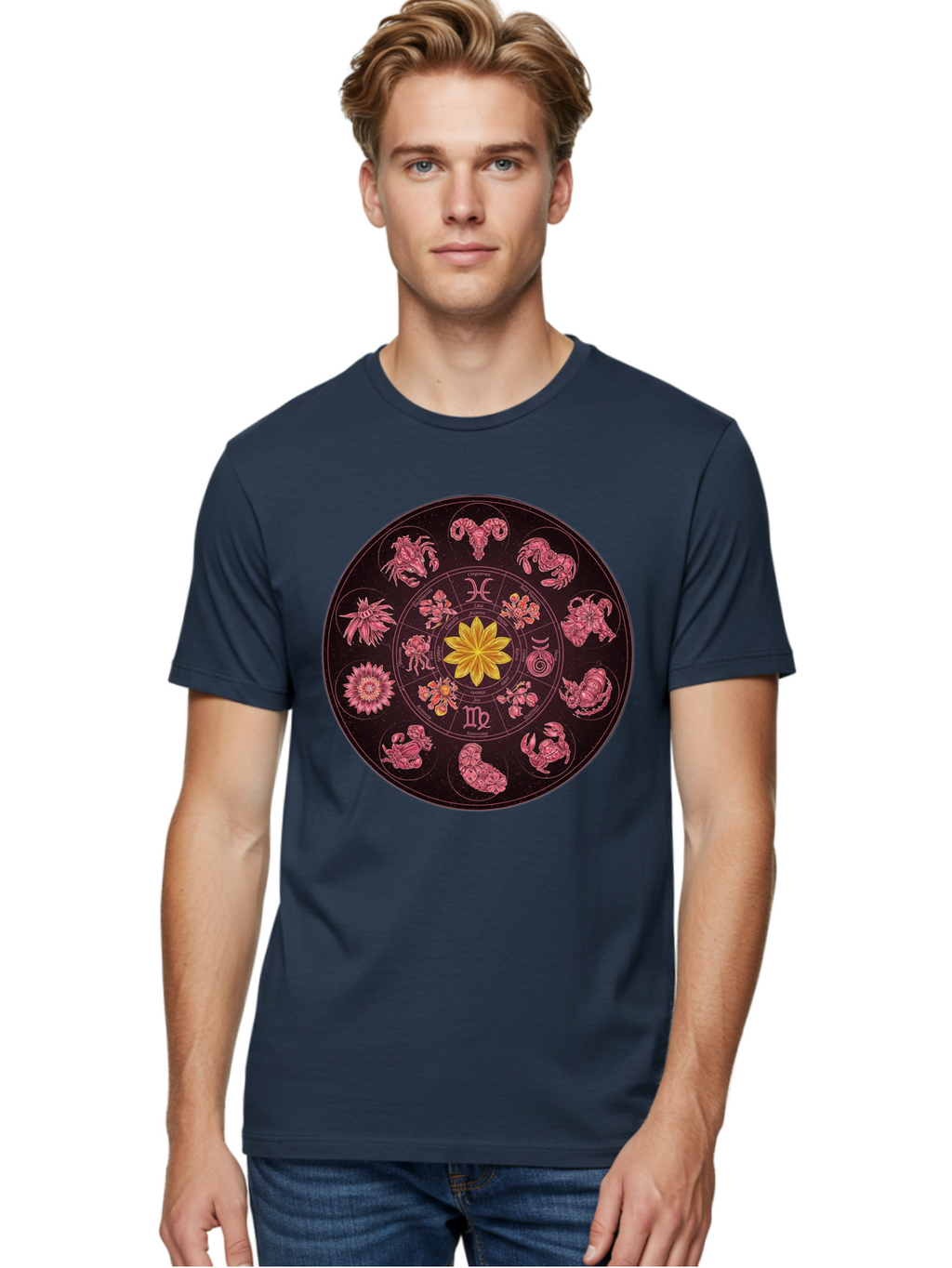 Zodiac-Circle Men'S Graphic Tee, 100% Cotton, Comfortable Casual Summer Wear, Machine Washable, Zodiac Wheel, Astrological Symbols, Floral Centerpiece, Mystical Design, Cancer, Capricorn, Virgo, Pink Illustrations, Yellow Flower, Esoteric Art, Bae337