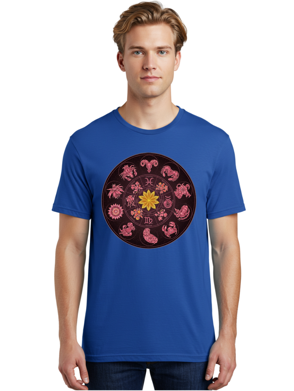 Zodiac-Circle Men'S Graphic Tee, 100% Cotton, Comfortable Casual Summer Wear, Machine Washable, Zodiac Wheel, Astrological Symbols, Floral Centerpiece, Mystical Design, Cancer, Capricorn, Virgo, Pink Illustrations, Yellow Flower, Esoteric Art, Bae337