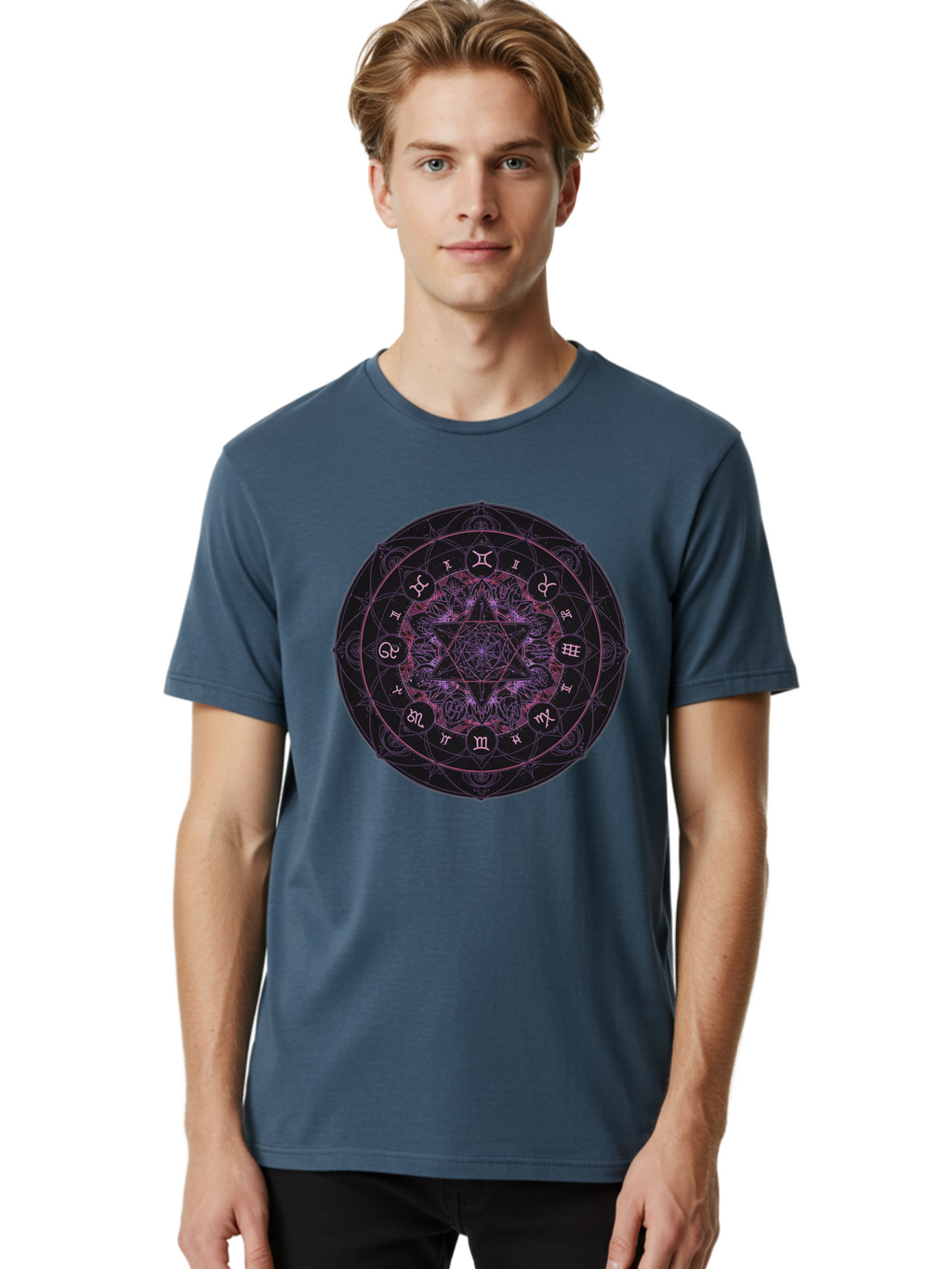 Zodiac-Mandala-1 Men'S Graphic Tee, 100% Cotton, Comfortable Casual Summer Wear, Machine Washable, Kabbalah Symbols, Zodiac Signs, Mystic Mandala, Sacred Geometry, Spiritual Art, Magical Symbols, Esoteric Wheel, Mystical Astrology Bae338