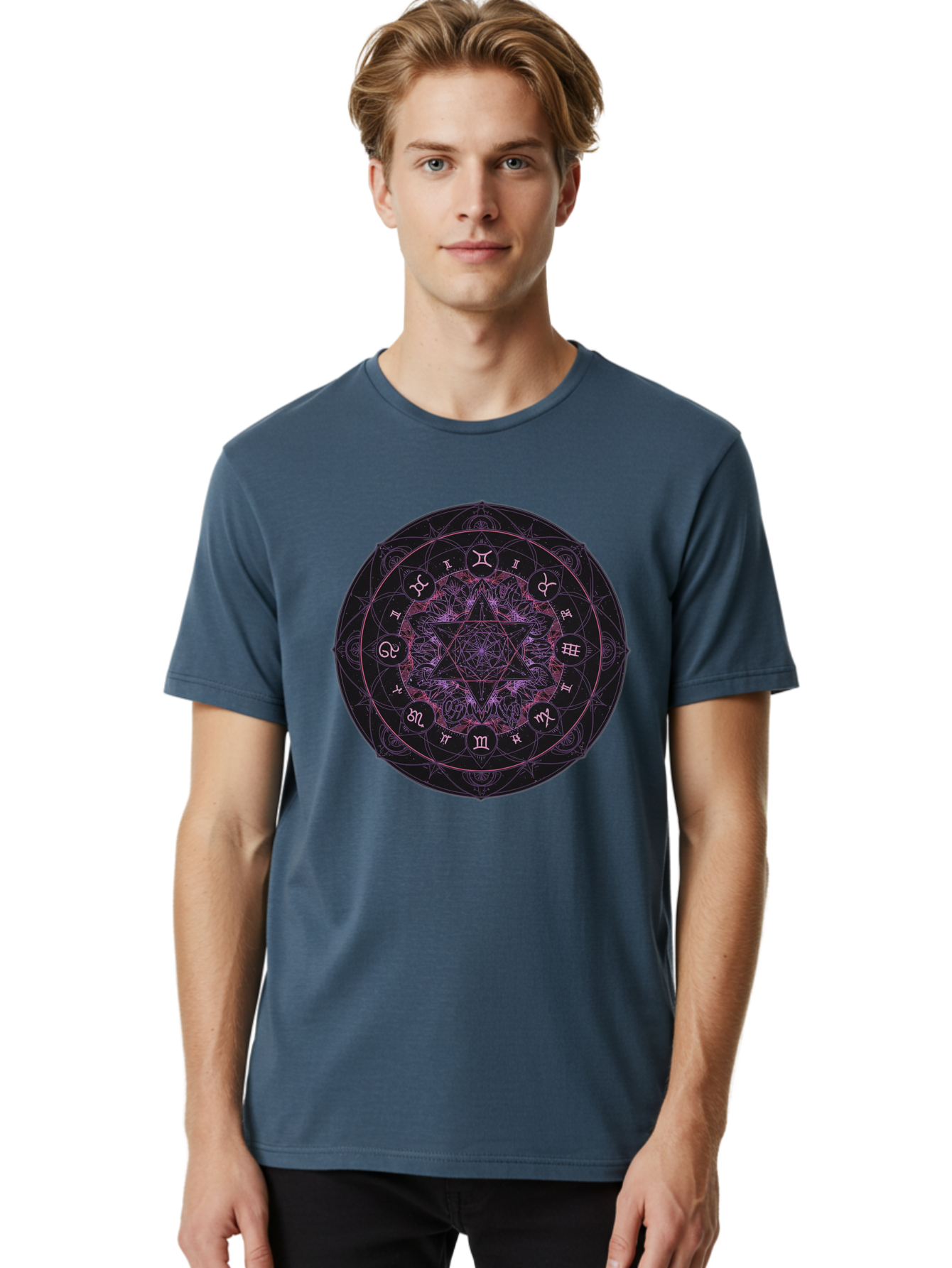 Zodiac-Mandala-1 Men'S Graphic Tee, 100% Cotton, Comfortable Casual Summer Wear, Machine Washable, Kabbalah Symbols, Zodiac Signs, Mystic Mandala, Sacred Geometry, Spiritual Art, Magical Symbols, Esoteric Wheel, Mystical Astrology Bae338