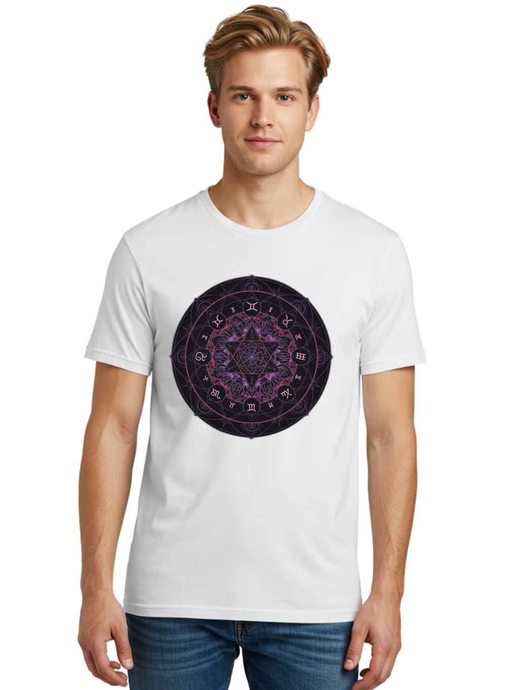 Zodiac-Mandala-1 Men'S Graphic Tee, 100% Cotton, Comfortable Casual Summer Wear, Machine Washable, Kabbalah Symbols, Zodiac Signs, Mystic Mandala, Sacred Geometry, Spiritual Art, Magical Symbols, Esoteric Wheel, Mystical Astrology Bae338