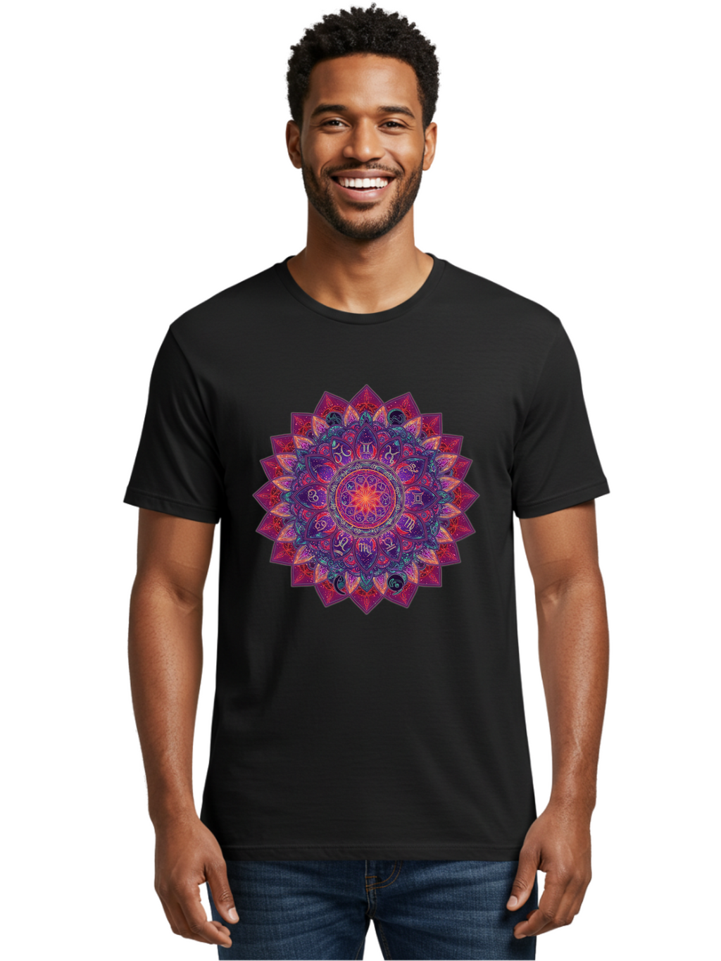 Zodiac-Mandala-2 Men'S Graphic Tee, 100% Cotton, Comfortable Casual Summer Wear, Machine Washable, Zodiac Signs, Astrology Symbols, Mandala Art, Spiritual Design, Mystical Patterns, Colorful Mandala, Intricate Details, Symbolic Representation, Bae339