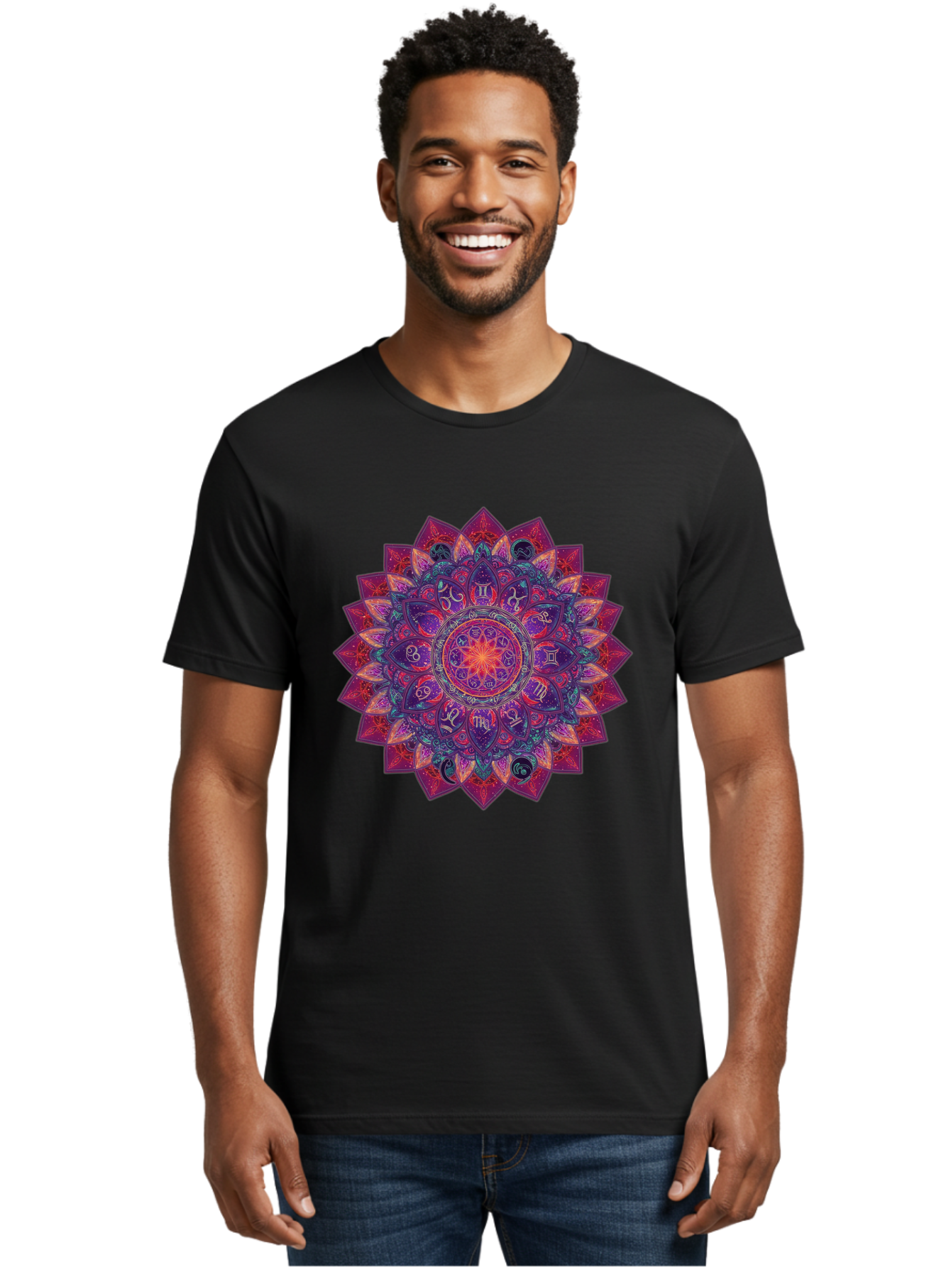 Zodiac-Mandala-2 Men'S Graphic Tee, 100% Cotton, Comfortable Casual Summer Wear, Machine Washable, Zodiac Signs, Astrology Symbols, Mandala Art, Spiritual Design, Mystical Patterns, Colorful Mandala, Intricate Details, Symbolic Representation, Bae339