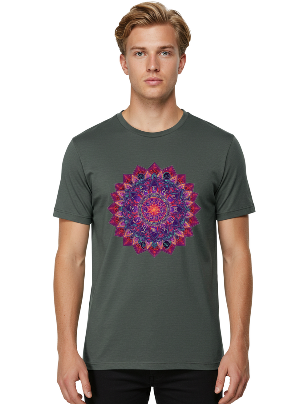 Zodiac-Mandala-2 Men'S Graphic Tee, 100% Cotton, Comfortable Casual Summer Wear, Machine Washable, Zodiac Signs, Astrology Symbols, Mandala Art, Spiritual Design, Mystical Patterns, Colorful Mandala, Intricate Details, Symbolic Representation, Bae339