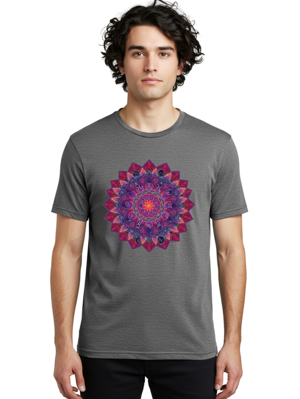 Zodiac-Mandala-2 Men'S Graphic Tee, 100% Cotton, Comfortable Casual Summer Wear, Machine Washable, Zodiac Signs, Astrology Symbols, Mandala Art, Spiritual Design, Mystical Patterns, Colorful Mandala, Intricate Details, Symbolic Representation, Bae339