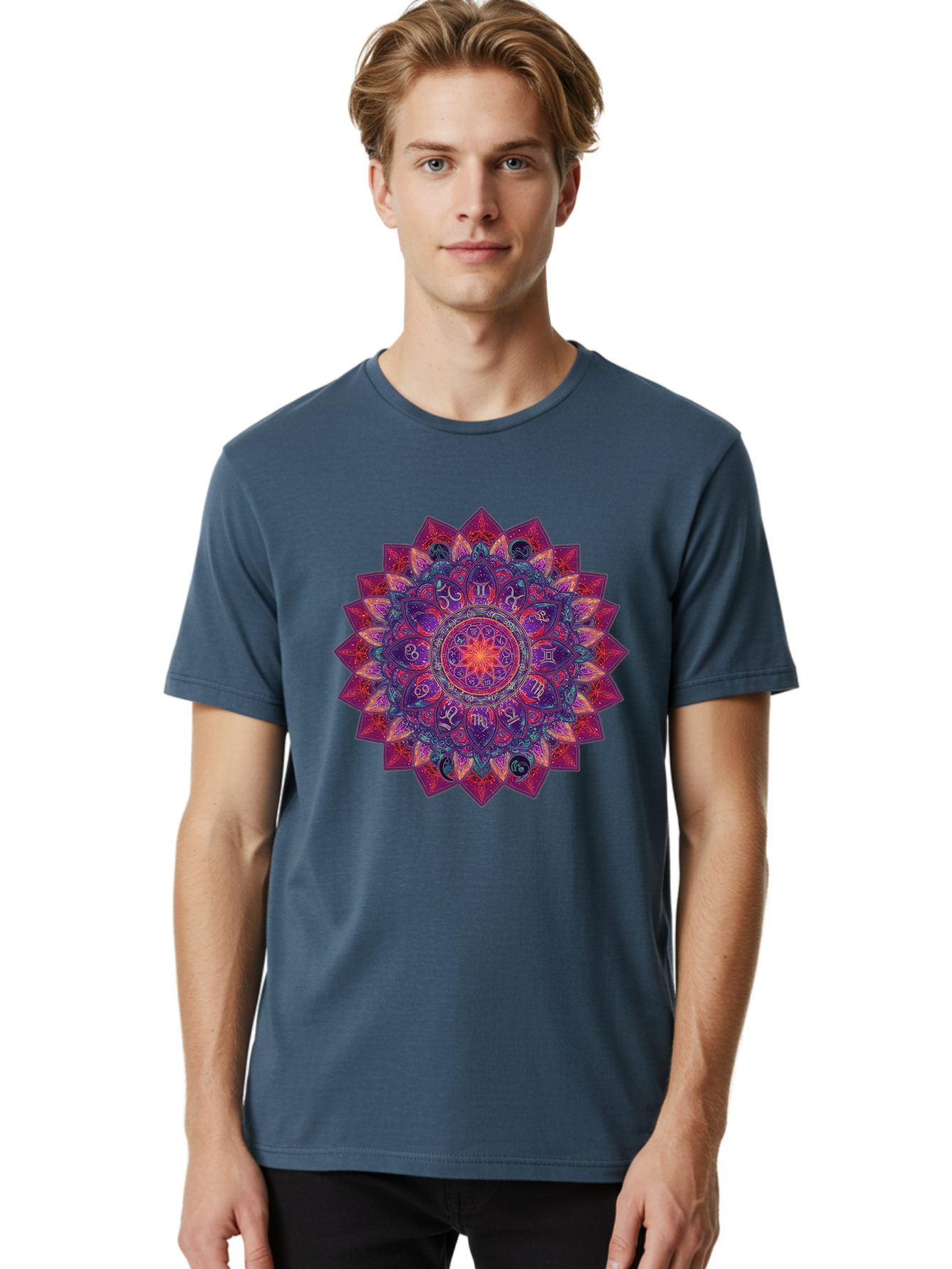 Zodiac-Mandala-2 Men'S Graphic Tee, 100% Cotton, Comfortable Casual Summer Wear, Machine Washable, Zodiac Signs, Astrology Symbols, Mandala Art, Spiritual Design, Mystical Patterns, Colorful Mandala, Intricate Details, Symbolic Representation, Bae339