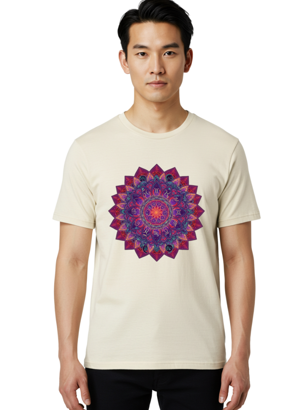 Zodiac-Mandala-2 Men'S Graphic Tee, 100% Cotton, Comfortable Casual Summer Wear, Machine Washable, Zodiac Signs, Astrology Symbols, Mandala Art, Spiritual Design, Mystical Patterns, Colorful Mandala, Intricate Details, Symbolic Representation, Bae339