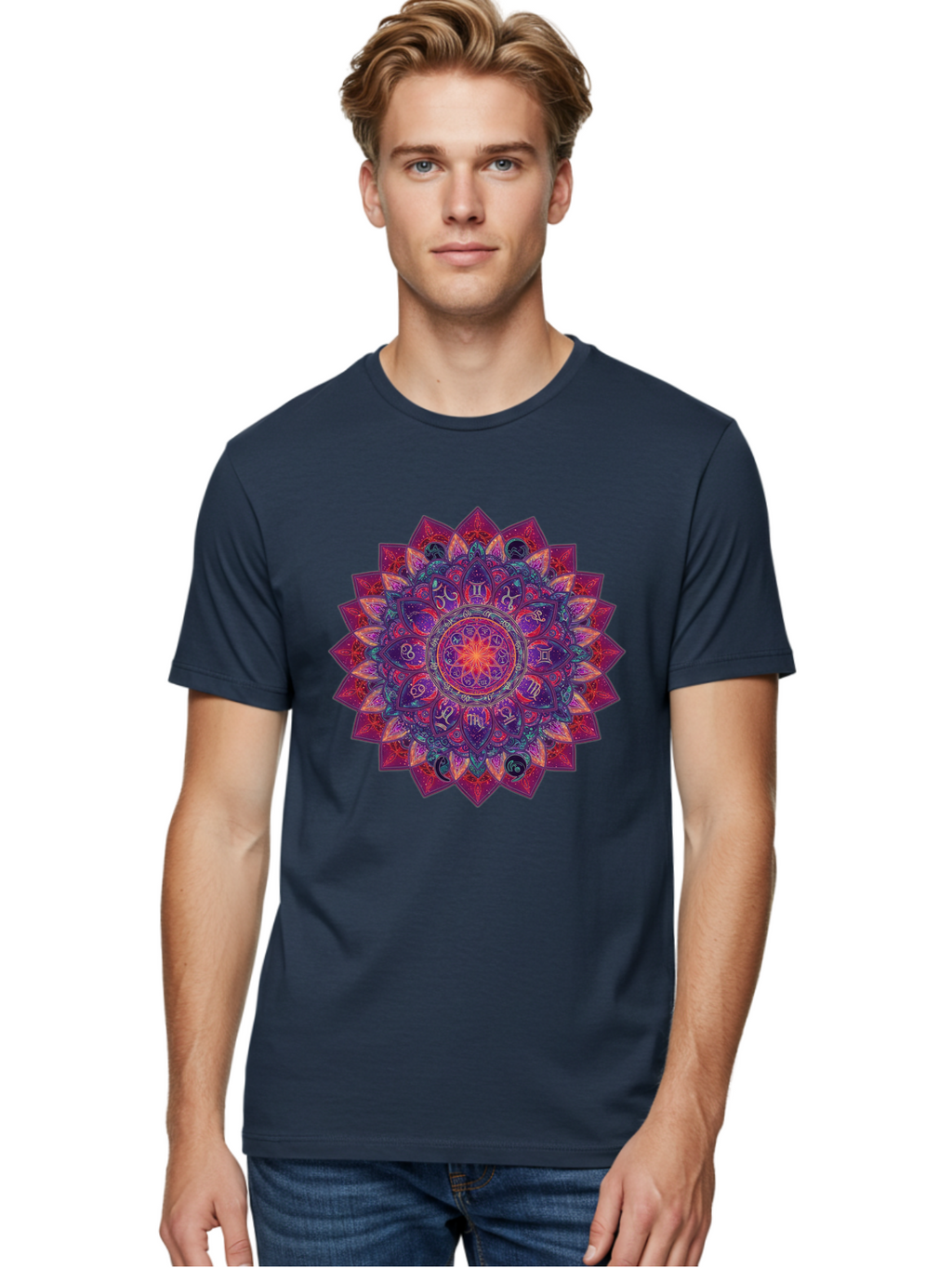 Zodiac-Mandala-2 Men'S Graphic Tee, 100% Cotton, Comfortable Casual Summer Wear, Machine Washable, Zodiac Signs, Astrology Symbols, Mandala Art, Spiritual Design, Mystical Patterns, Colorful Mandala, Intricate Details, Symbolic Representation, Bae339