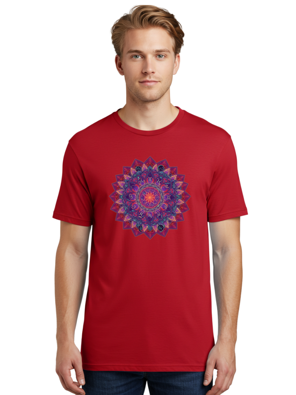 Zodiac-Mandala-2 Men'S Graphic Tee, 100% Cotton, Comfortable Casual Summer Wear, Machine Washable, Zodiac Signs, Astrology Symbols, Mandala Art, Spiritual Design, Mystical Patterns, Colorful Mandala, Intricate Details, Symbolic Representation, Bae339